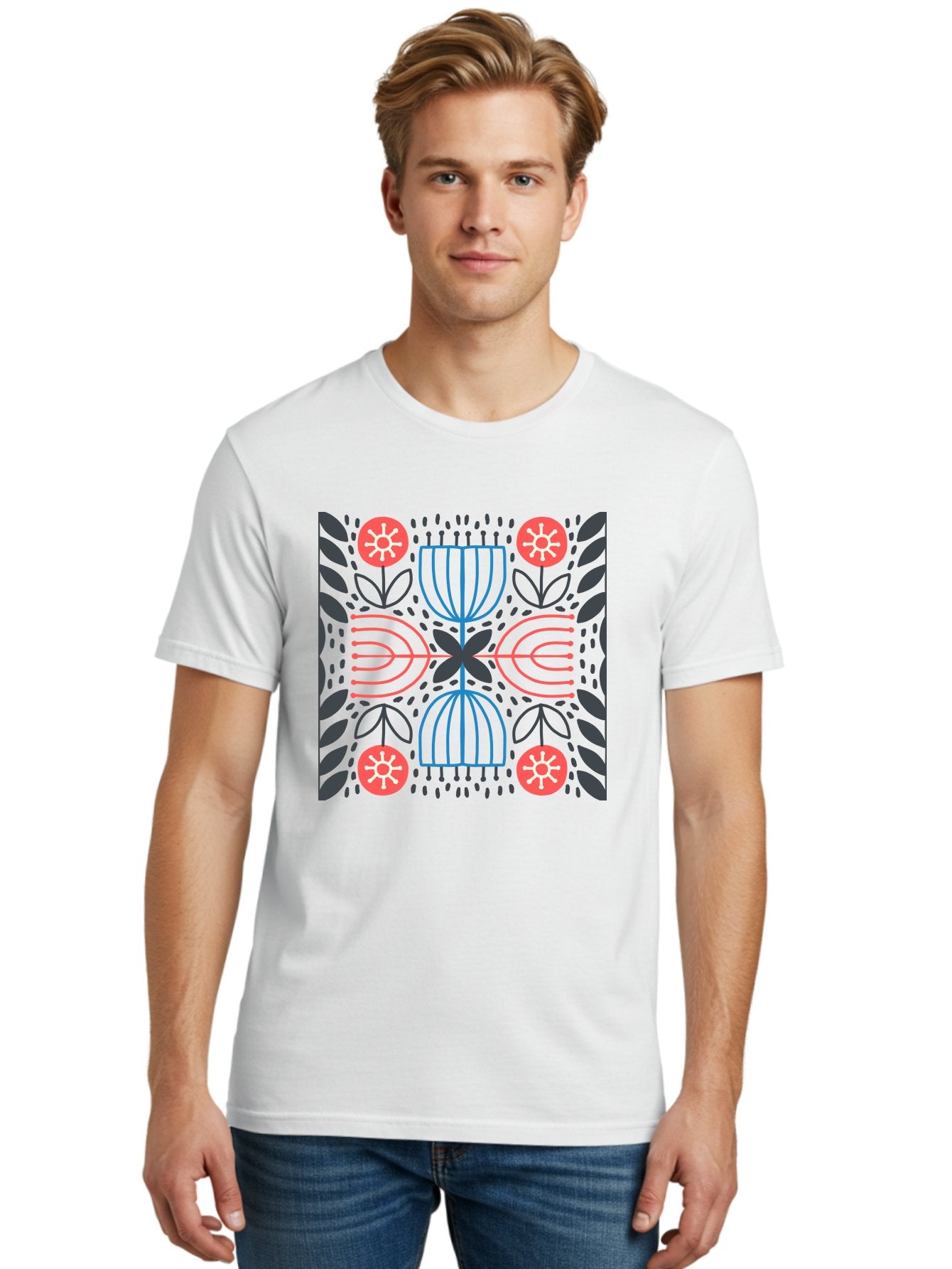 Floral-Pattern-5 Men'S Graphic Tee, 100% Cotton, Comfortable Casual Summer Wear, Machine Washable, Abstract Floral Pattern, Symmetrical Design, Red Flowers, White Centers, Blue And Pink Lines, Black Leaves, Geometric Shapes, Modern Art, Aab715 30