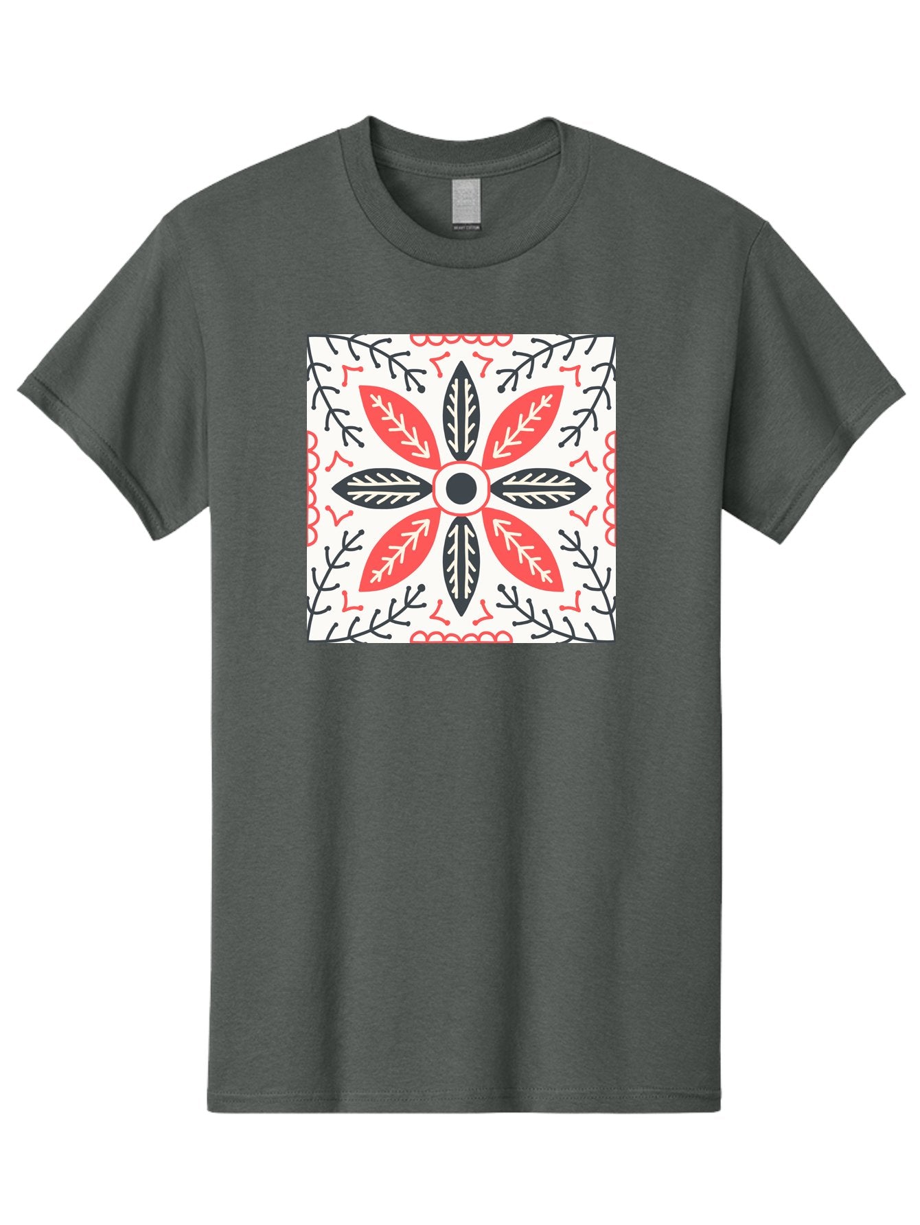 Floral-Pattern-6 Men'S Graphic Tee, 100% Cotton, Comfortable Casual Summer Wear, Machine Washable, Symmetrical Floral Design, Folk Art, Traditional Patterns, Red And Black Hues, Intricate Details, Decorative Elements, Ornate Style, Aab716 12