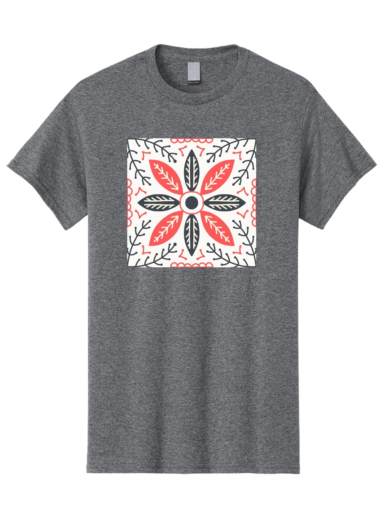 Floral-Pattern-6 Men'S Graphic Tee, 100% Cotton, Comfortable Casual Summer Wear, Machine Washable, Symmetrical Floral Design, Folk Art, Traditional Patterns, Red And Black Hues, Intricate Details, Decorative Elements, Ornate Style, Aab716