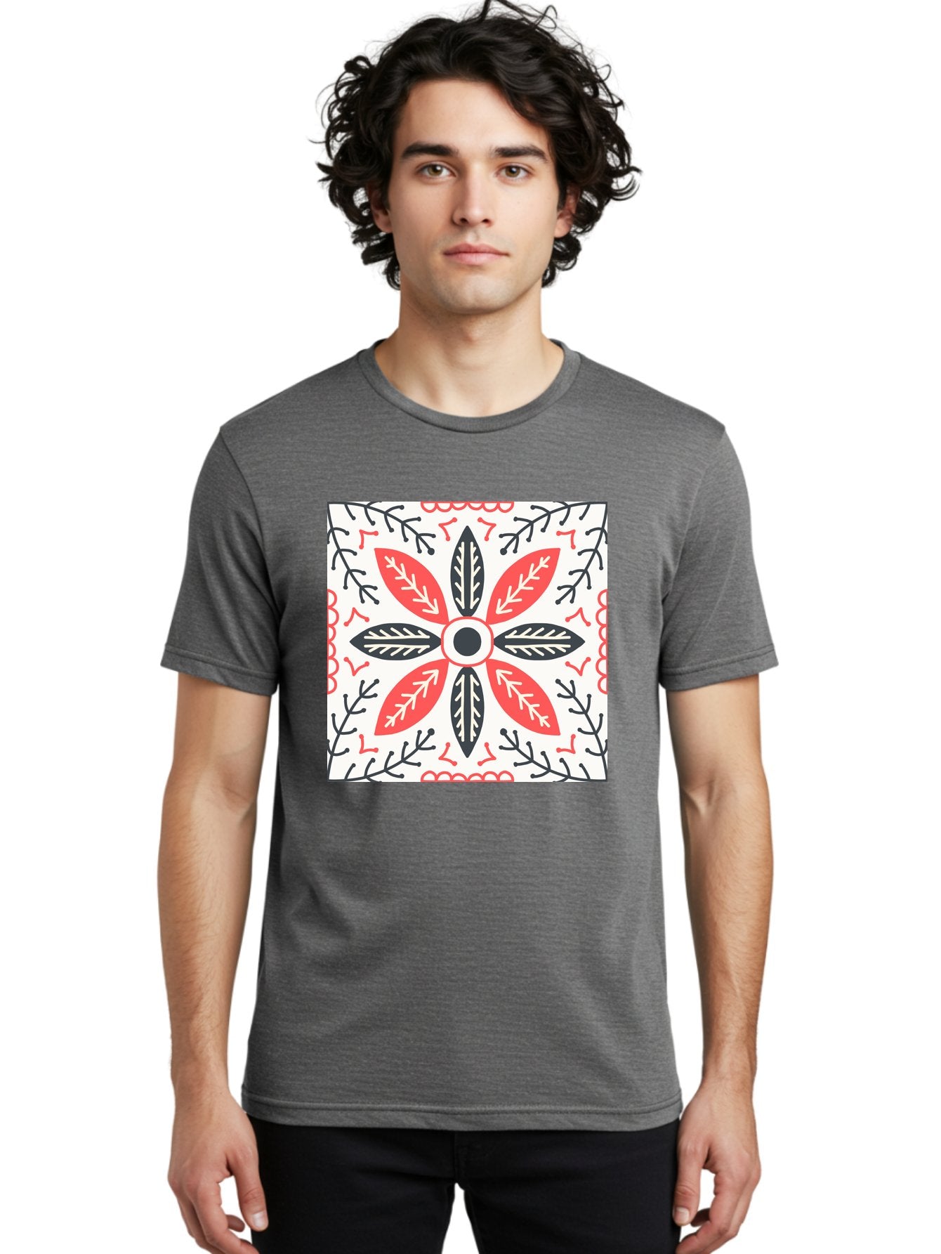 Floral-Pattern-6 Men'S Graphic Tee, 100% Cotton, Comfortable Casual Summer Wear, Machine Washable, Symmetrical Floral Design, Folk Art, Traditional Patterns, Red And Black Hues, Intricate Details, Decorative Elements, Ornate Style, Aab716 21