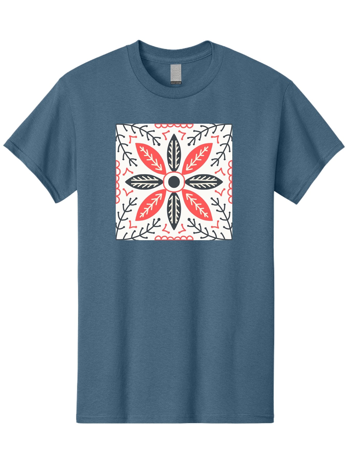 Floral-Pattern-6 Men'S Graphic Tee, 100% Cotton, Comfortable Casual Summer Wear, Machine Washable, Symmetrical Floral Design, Folk Art, Traditional Patterns, Red And Black Hues, Intricate Details, Decorative Elements, Ornate Style, Aab716 9
