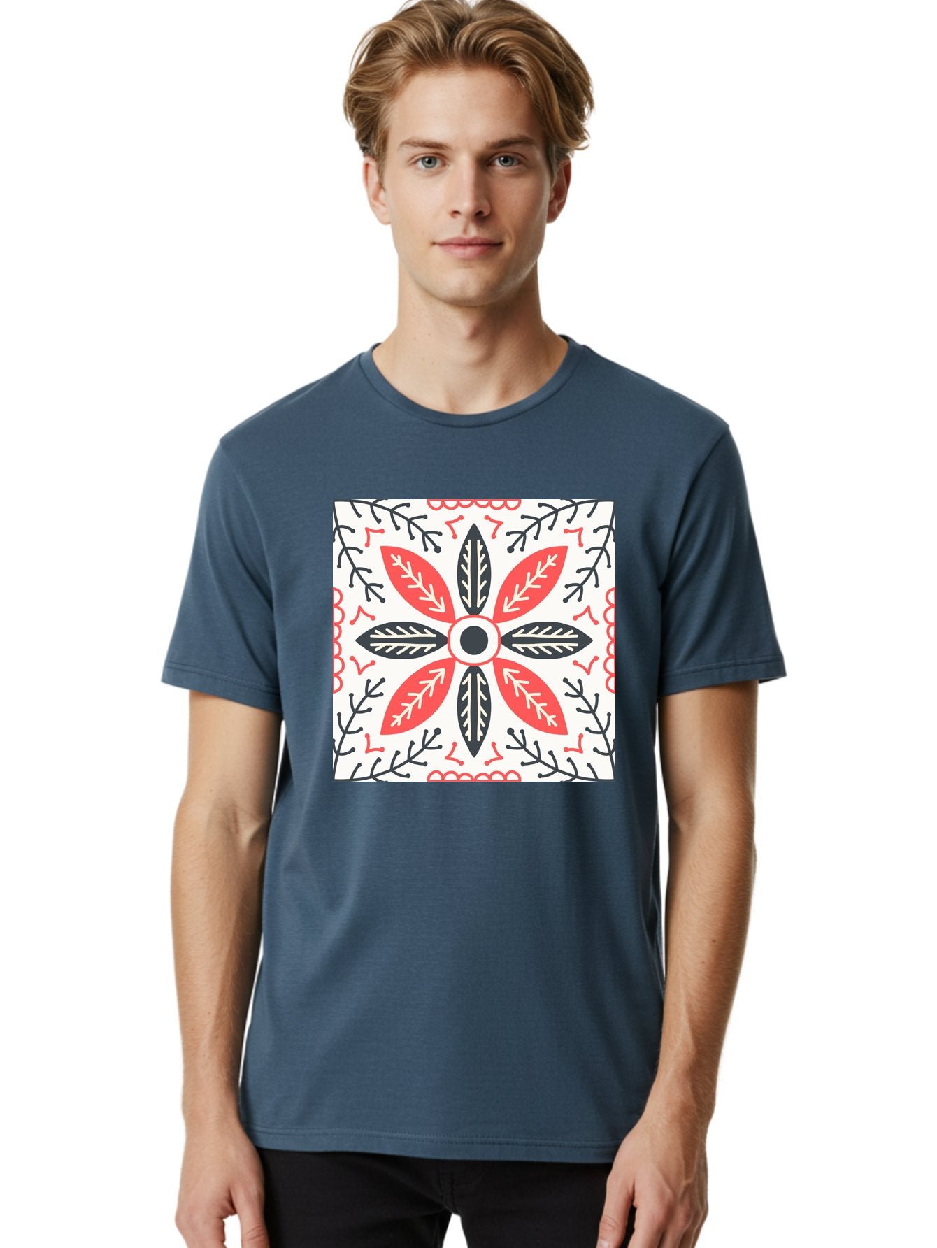 Floral-Pattern-6 Men'S Graphic Tee, 100% Cotton, Comfortable Casual Summer Wear, Machine Washable, Symmetrical Floral Design, Folk Art, Traditional Patterns, Red And Black Hues, Intricate Details, Decorative Elements, Ornate Style, Aab716 26