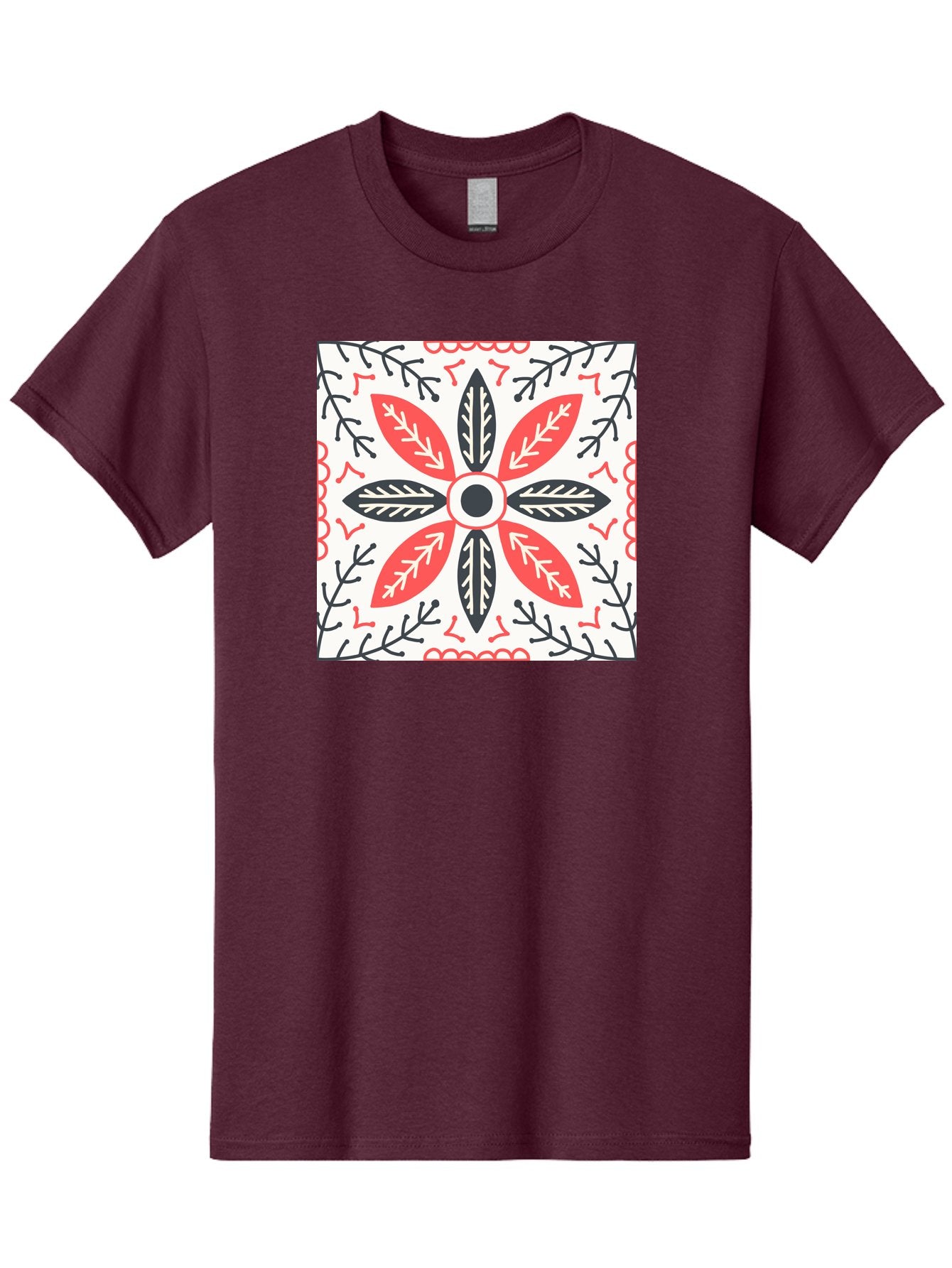 Floral-Pattern-6 Men'S Graphic Tee, 100% Cotton, Comfortable Casual Summer Wear, Machine Washable, Symmetrical Floral Design, Folk Art, Traditional Patterns, Red And Black Hues, Intricate Details, Decorative Elements, Ornate Style, Aab716 6