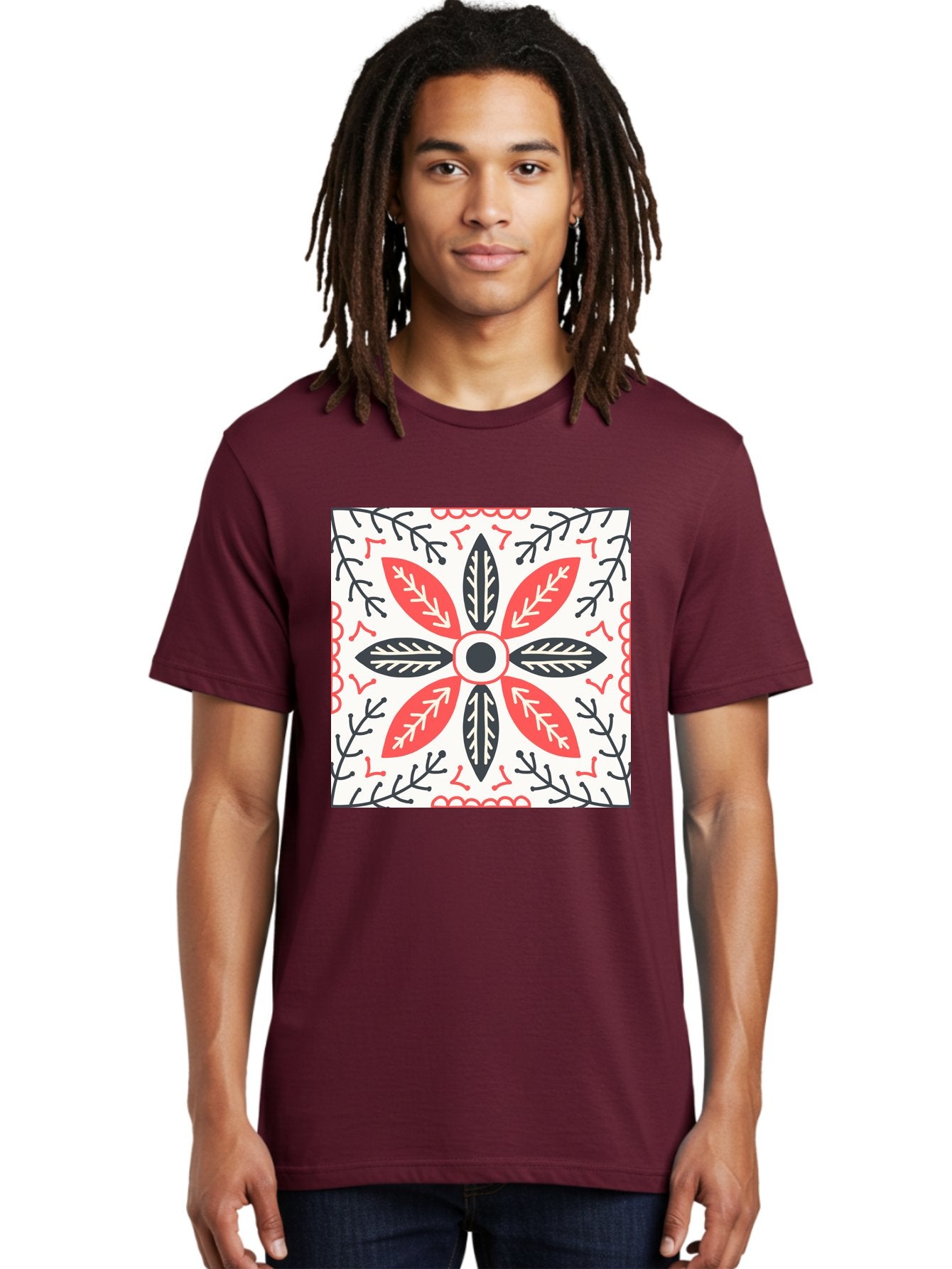 Floral-Pattern-6 Men'S Graphic Tee, 100% Cotton, Comfortable Casual Summer Wear, Machine Washable, Symmetrical Floral Design, Folk Art, Traditional Patterns, Red And Black Hues, Intricate Details, Decorative Elements, Ornate Style, Aab716 24