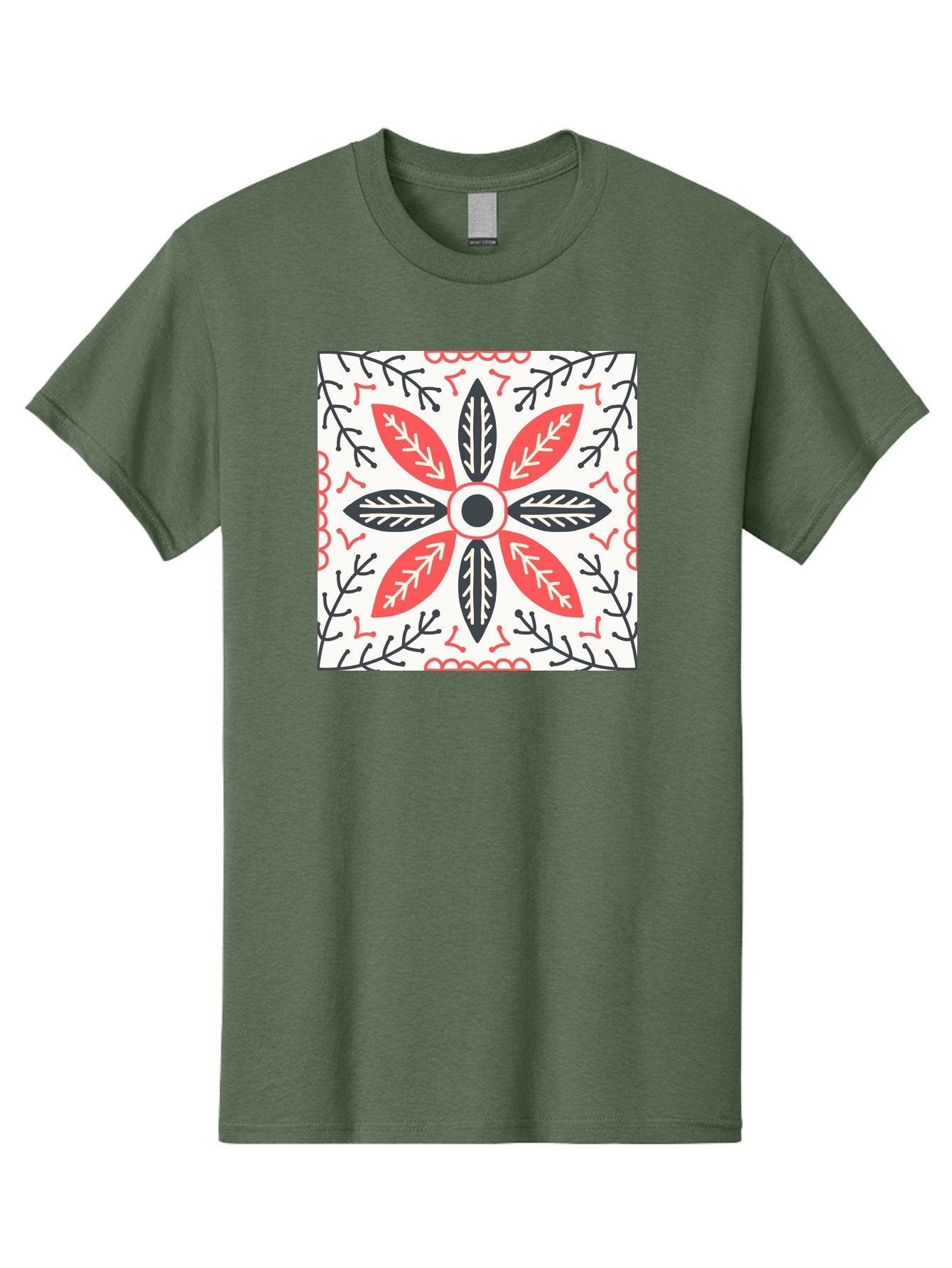 Floral-Pattern-6 Men'S Graphic Tee, 100% Cotton, Comfortable Casual Summer Wear, Machine Washable, Symmetrical Floral Design, Folk Art, Traditional Patterns, Red And Black Hues, Intricate Details, Decorative Elements, Ornate Style, Aab716 13