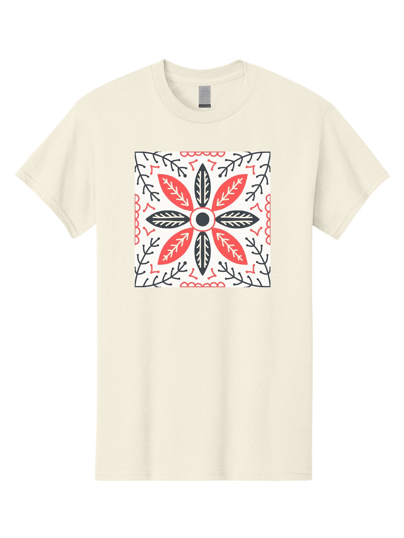 Floral-Pattern-6 Men'S Graphic Tee, 100% Cotton, Comfortable Casual Summer Wear, Machine Washable, Symmetrical Floral Design, Folk Art, Traditional Patterns, Red And Black Hues, Intricate Details, Decorative Elements, Ornate Style, Aab716 15