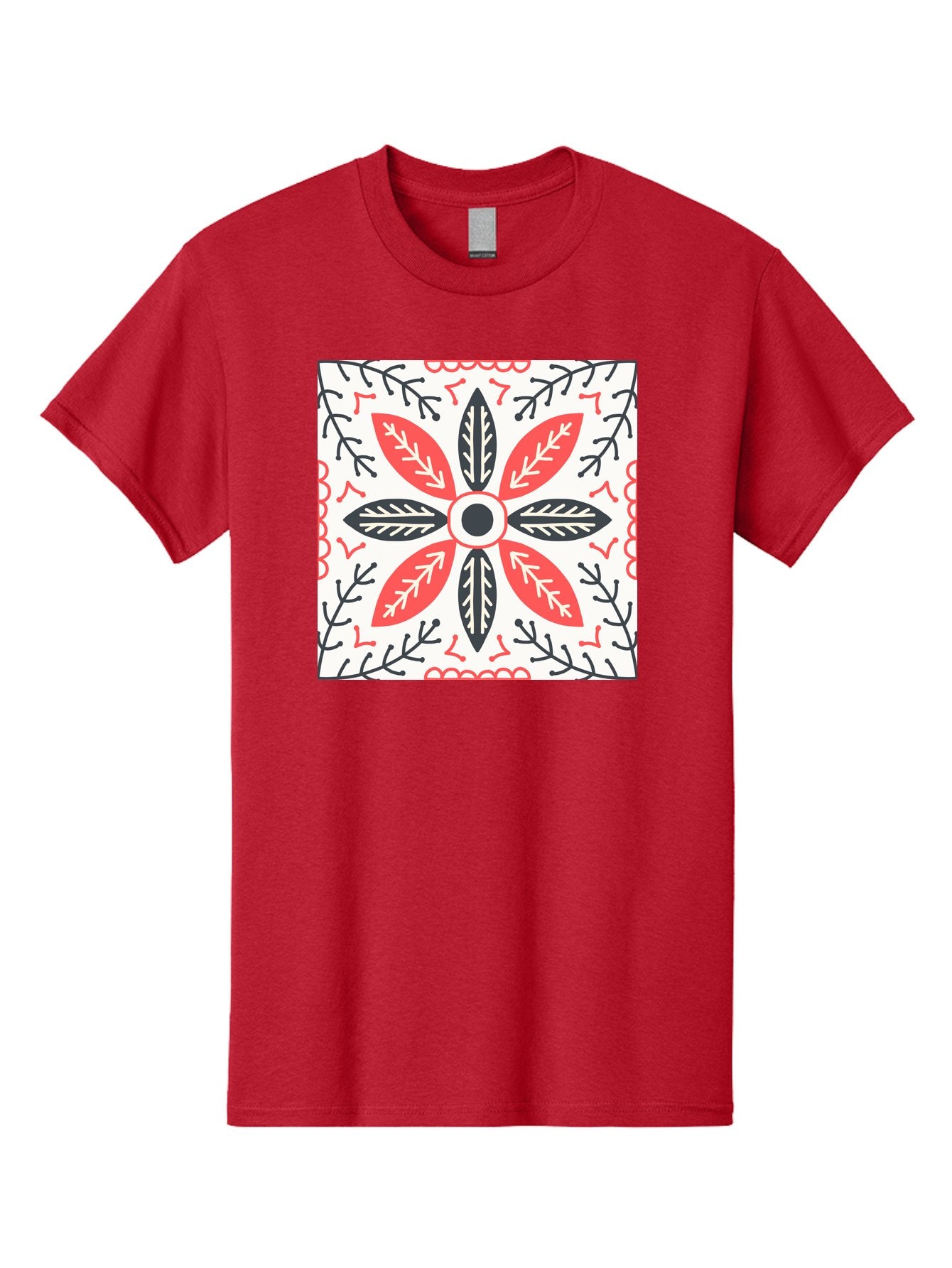Floral-Pattern-6 Men'S Graphic Tee, 100% Cotton, Comfortable Casual Summer Wear, Machine Washable, Symmetrical Floral Design, Folk Art, Traditional Patterns, Red And Black Hues, Intricate Details, Decorative Elements, Ornate Style, Aab716 4