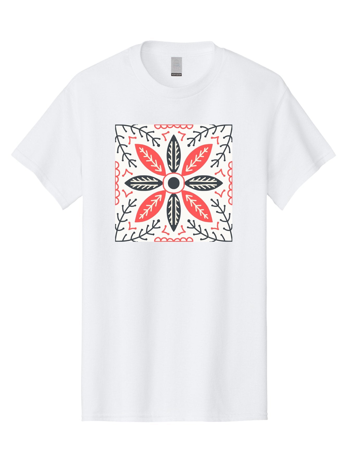 Floral-Pattern-6 Men'S Graphic Tee, 100% Cotton, Comfortable Casual Summer Wear, Machine Washable, Symmetrical Floral Design, Folk Art, Traditional Patterns, Red And Black Hues, Intricate Details, Decorative Elements, Ornate Style, Aab716 10