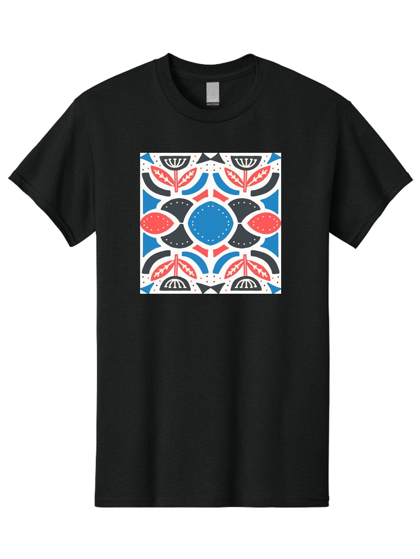 Floral-Pattern-7 Men'S Graphic Tee, 100% Cotton, Comfortable Casual Summer Wear, Machine Washable, Floral Pattern, Abstract Flowers, Geometric Shapes, Blue And Red Hues, White Background, Decorative Design, Symmetrical Composition, Aab717 13
