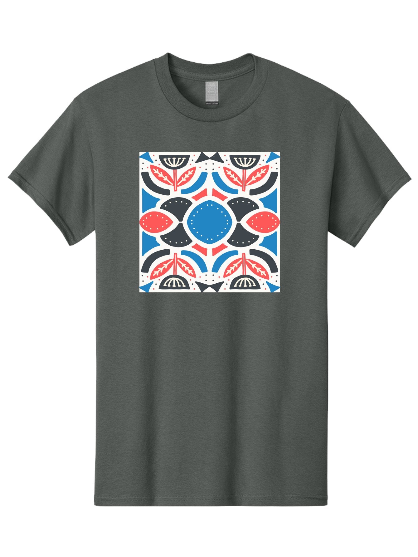 Floral-Pattern-7 Men'S Graphic Tee, 100% Cotton, Comfortable Casual Summer Wear, Machine Washable, Floral Pattern, Abstract Flowers, Geometric Shapes, Blue And Red Hues, White Background, Decorative Design, Symmetrical Composition, Aab717 8