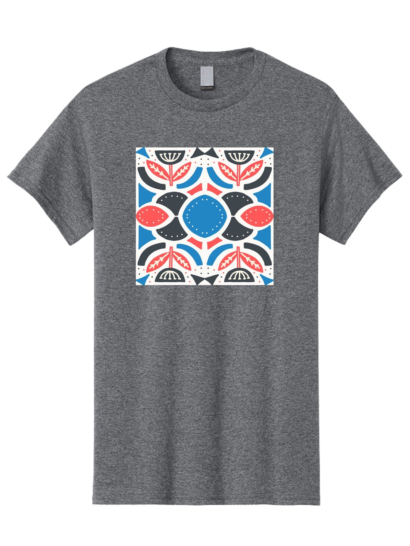 Floral-Pattern-7 Men'S Graphic Tee, 100% Cotton, Comfortable Casual Summer Wear, Machine Washable, Floral Pattern, Abstract Flowers, Geometric Shapes, Blue And Red Hues, White Background, Decorative Design, Symmetrical Composition, Aab717 14