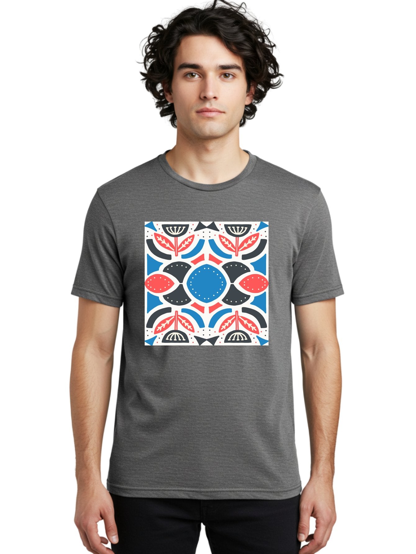 Floral-Pattern-7 Men'S Graphic Tee, 100% Cotton, Comfortable Casual Summer Wear, Machine Washable, Floral Pattern, Abstract Flowers, Geometric Shapes, Blue And Red Hues, White Background, Decorative Design, Symmetrical Composition, Aab717 29