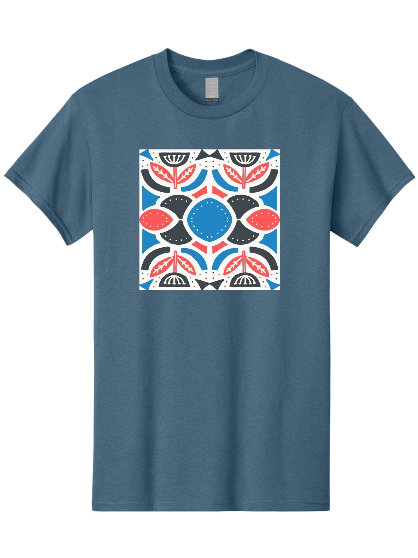 Floral-Pattern-7 Men'S Graphic Tee, 100% Cotton, Comfortable Casual Summer Wear, Machine Washable, Floral Pattern, Abstract Flowers, Geometric Shapes, Blue And Red Hues, White Background, Decorative Design, Symmetrical Composition, Aab717 3