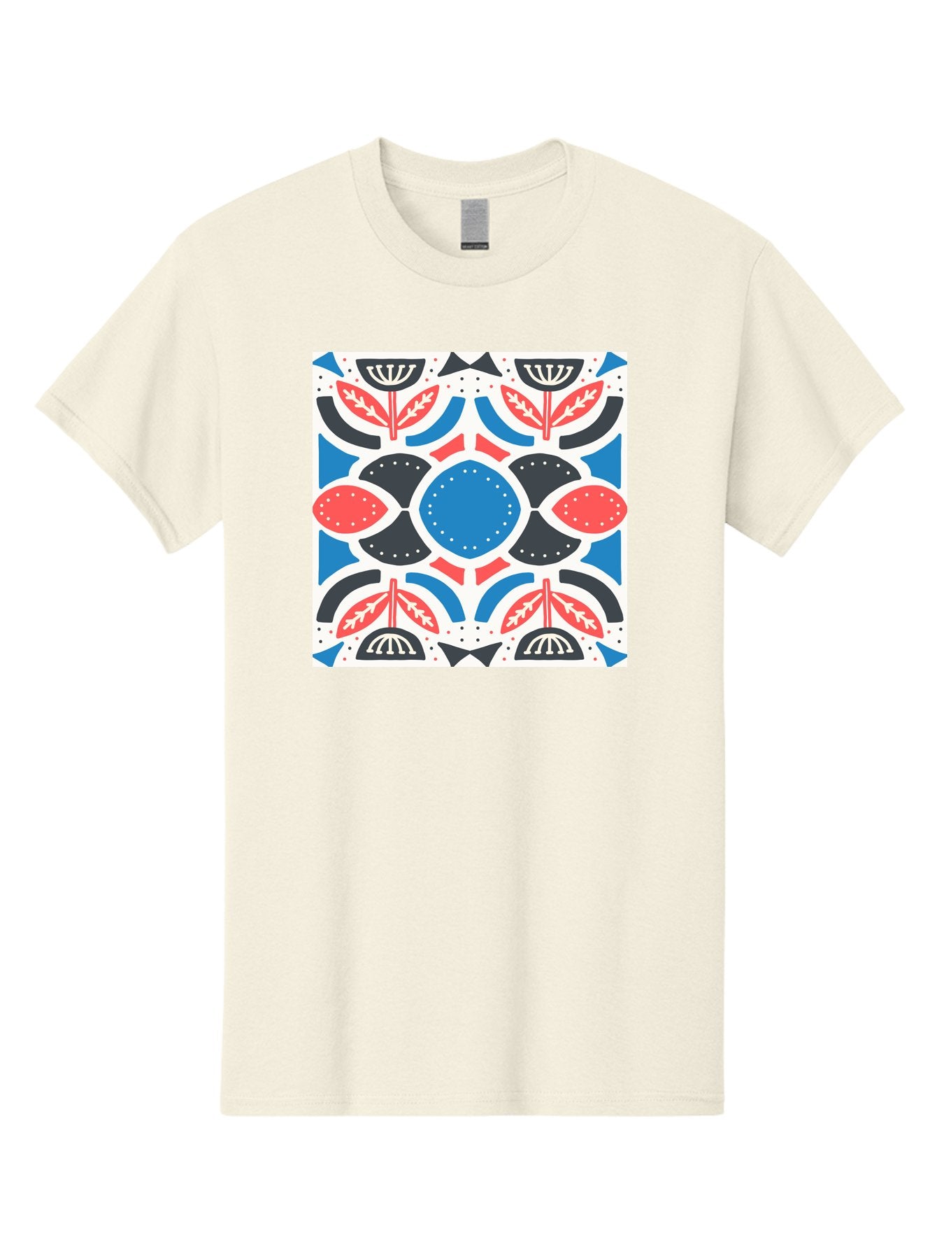 Floral-Pattern-7 Men'S Graphic Tee, 100% Cotton, Comfortable Casual Summer Wear, Machine Washable, Floral Pattern, Abstract Flowers, Geometric Shapes, Blue And Red Hues, White Background, Decorative Design, Symmetrical Composition, Aab717 4