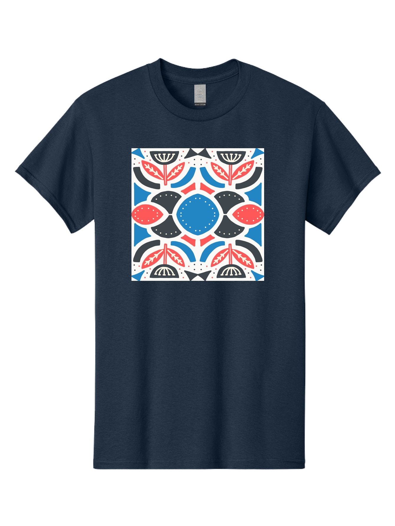 Floral-Pattern-7 Men'S Graphic Tee, 100% Cotton, Comfortable Casual Summer Wear, Machine Washable, Floral Pattern, Abstract Flowers, Geometric Shapes, Blue And Red Hues, White Background, Decorative Design, Symmetrical Composition, Aab717 11