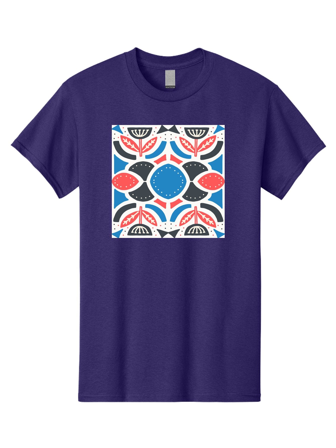 Floral-Pattern-7 Men'S Graphic Tee, 100% Cotton, Comfortable Casual Summer Wear, Machine Washable, Floral Pattern, Abstract Flowers, Geometric Shapes, Blue And Red Hues, White Background, Decorative Design, Symmetrical Composition, Aab717 6