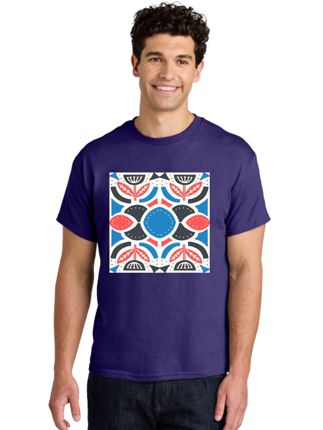 Floral-Pattern-7 Men'S Graphic Tee, 100% Cotton, Comfortable Casual Summer Wear, Machine Washable, Floral Pattern, Abstract Flowers, Geometric Shapes, Blue And Red Hues, White Background, Decorative Design, Symmetrical Composition, Aab717 24