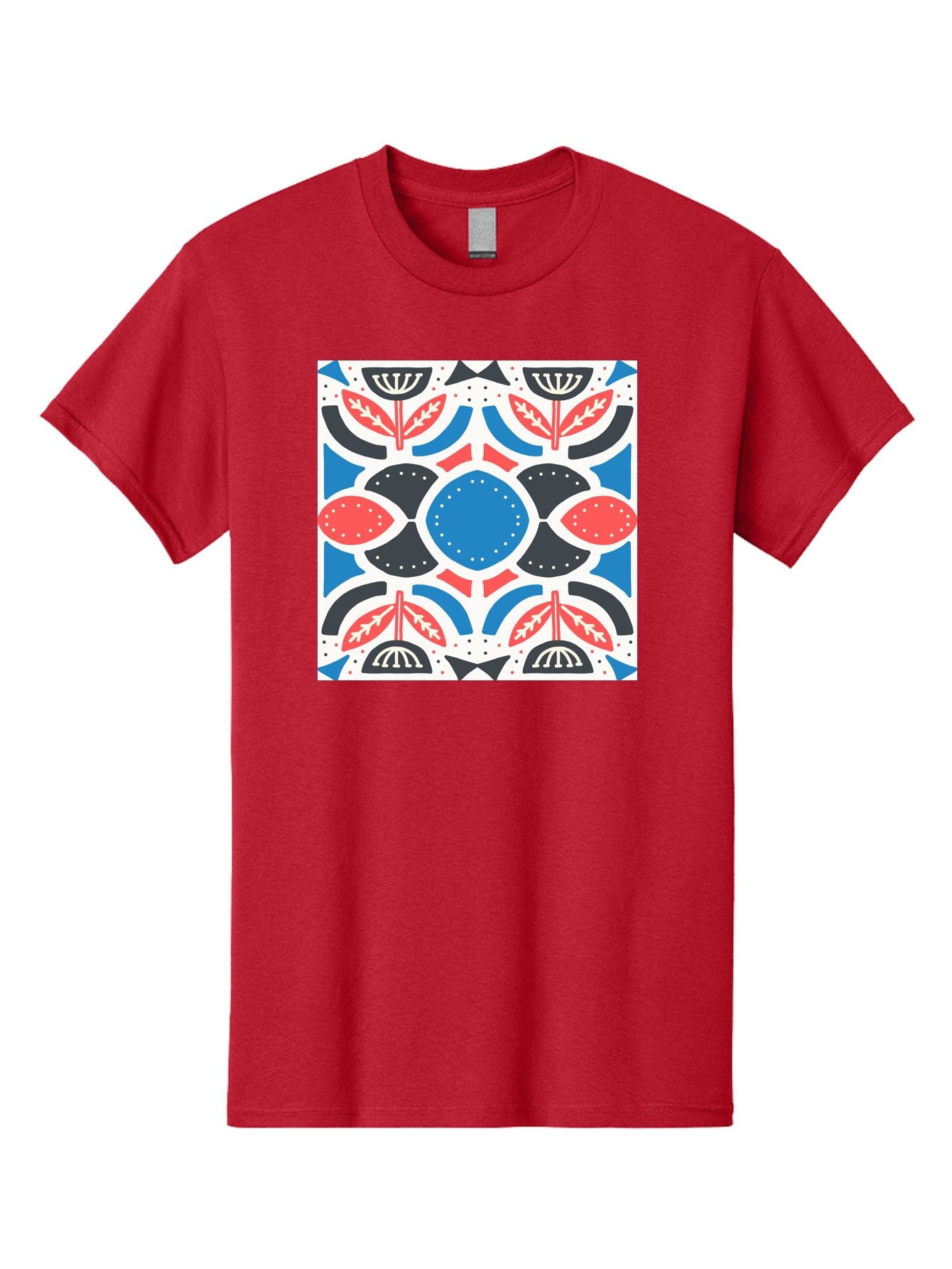 Floral-Pattern-7 Men'S Graphic Tee, 100% Cotton, Comfortable Casual Summer Wear, Machine Washable, Floral Pattern, Abstract Flowers, Geometric Shapes, Blue And Red Hues, White Background, Decorative Design, Symmetrical Composition, Aab717 5