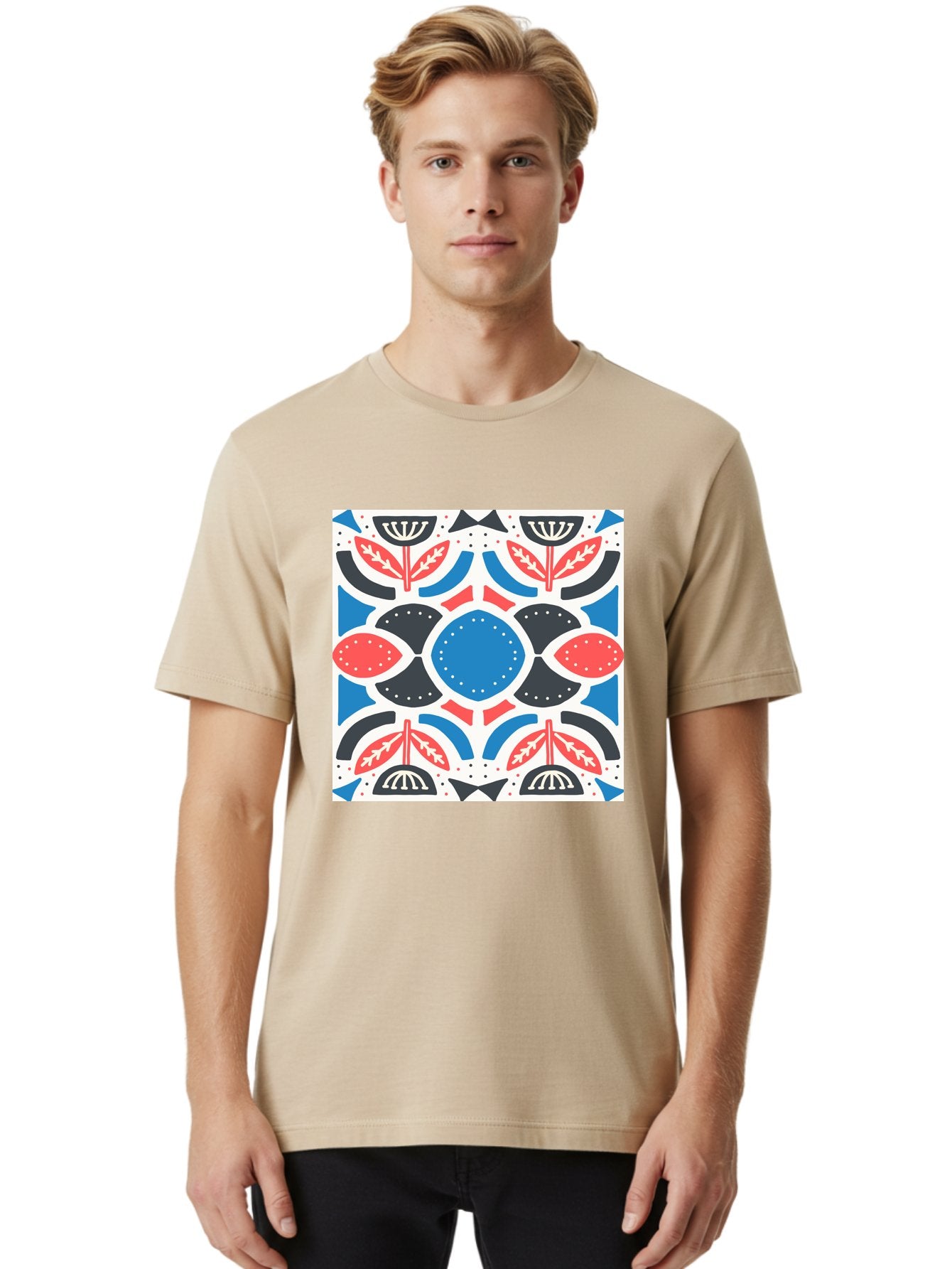 Floral-Pattern-7 Men'S Graphic Tee, 100% Cotton, Comfortable Casual Summer Wear, Machine Washable, Floral Pattern, Abstract Flowers, Geometric Shapes, Blue And Red Hues, White Background, Decorative Design, Symmetrical Composition, Aab717 28
