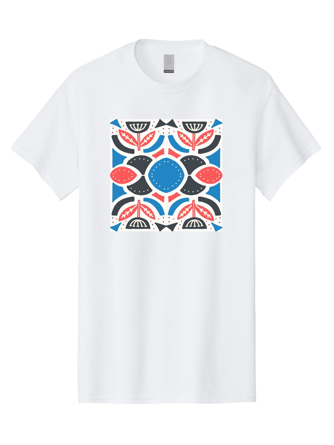 Floral-Pattern-7 Men'S Graphic Tee, 100% Cotton, Comfortable Casual Summer Wear, Machine Washable, Floral Pattern, Abstract Flowers, Geometric Shapes, Blue And Red Hues, White Background, Decorative Design, Symmetrical Composition, Aab717