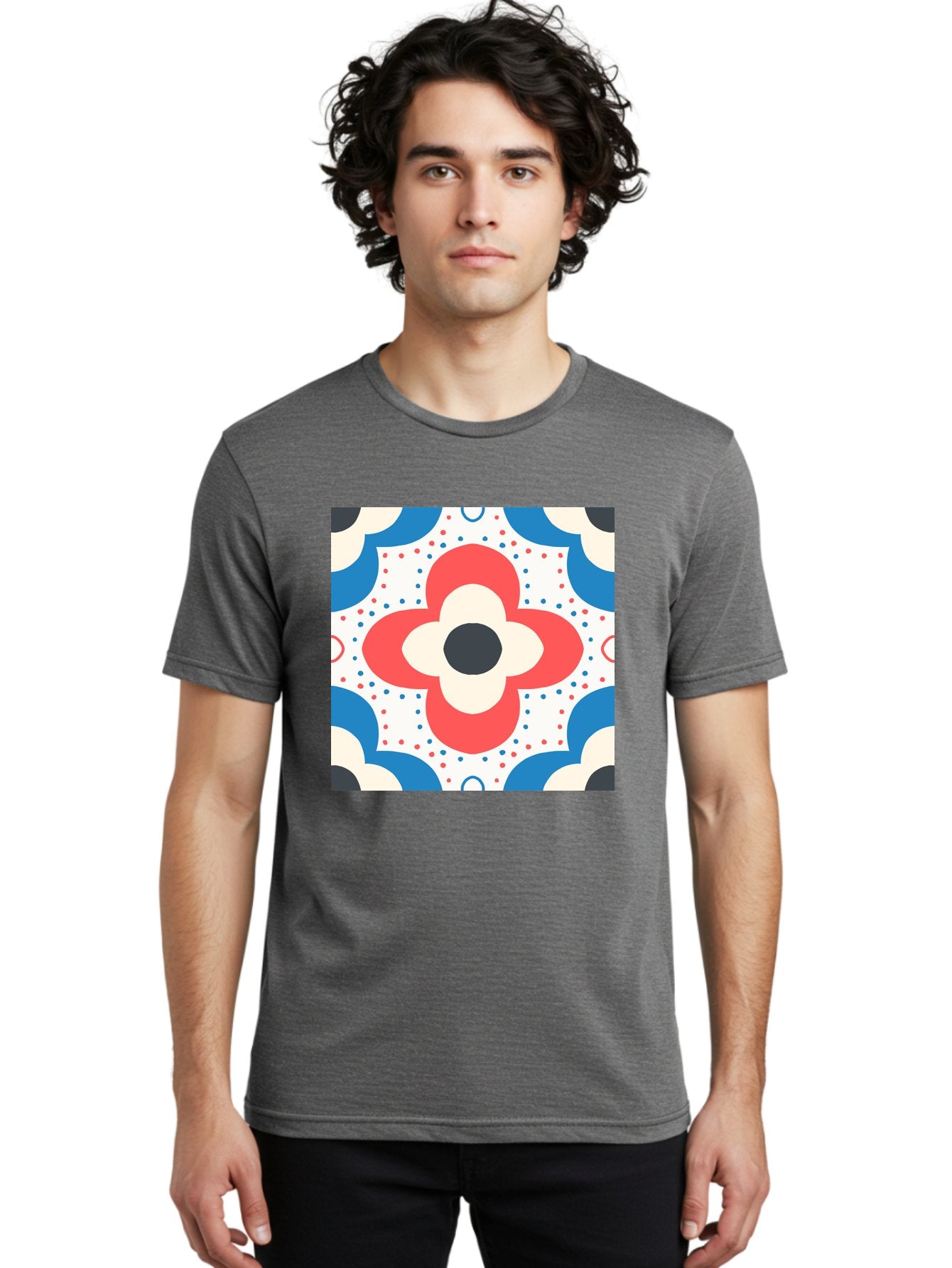 Floral-Pattern-8 Men'S Graphic Tee, 100% Cotton, Comfortable Casual Summer Wear, Machine Washable, Abstract Flower Pattern, Floral Design, Retro Style, Red And Blue Hues, White Background, Colorful Dots, Decorative Elements, Aab718 21