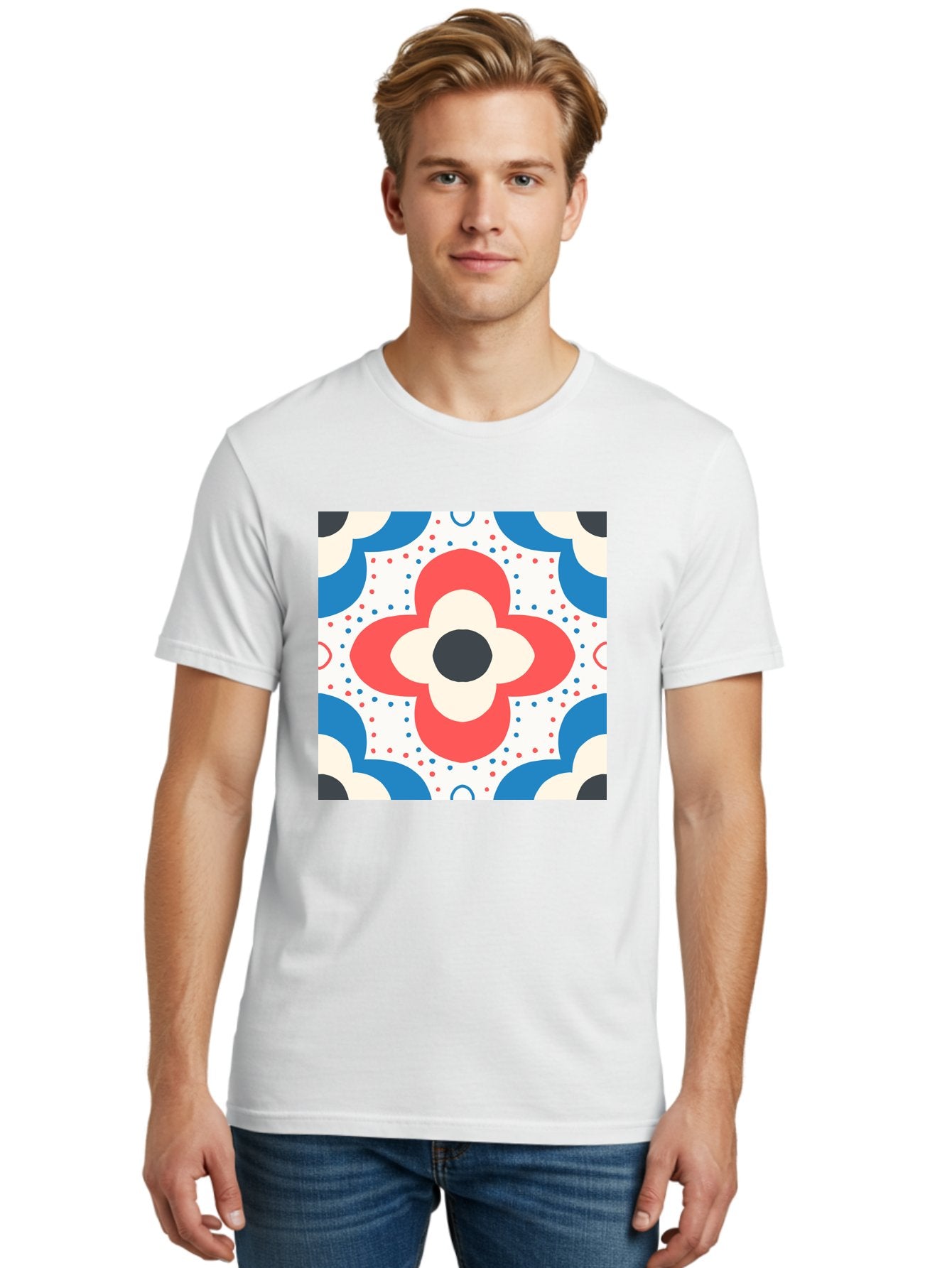 Floral-Pattern-8 Men'S Graphic Tee, 100% Cotton, Comfortable Casual Summer Wear, Machine Washable, Abstract Flower Pattern, Floral Design, Retro Style, Red And Blue Hues, White Background, Colorful Dots, Decorative Elements, Aab718 26