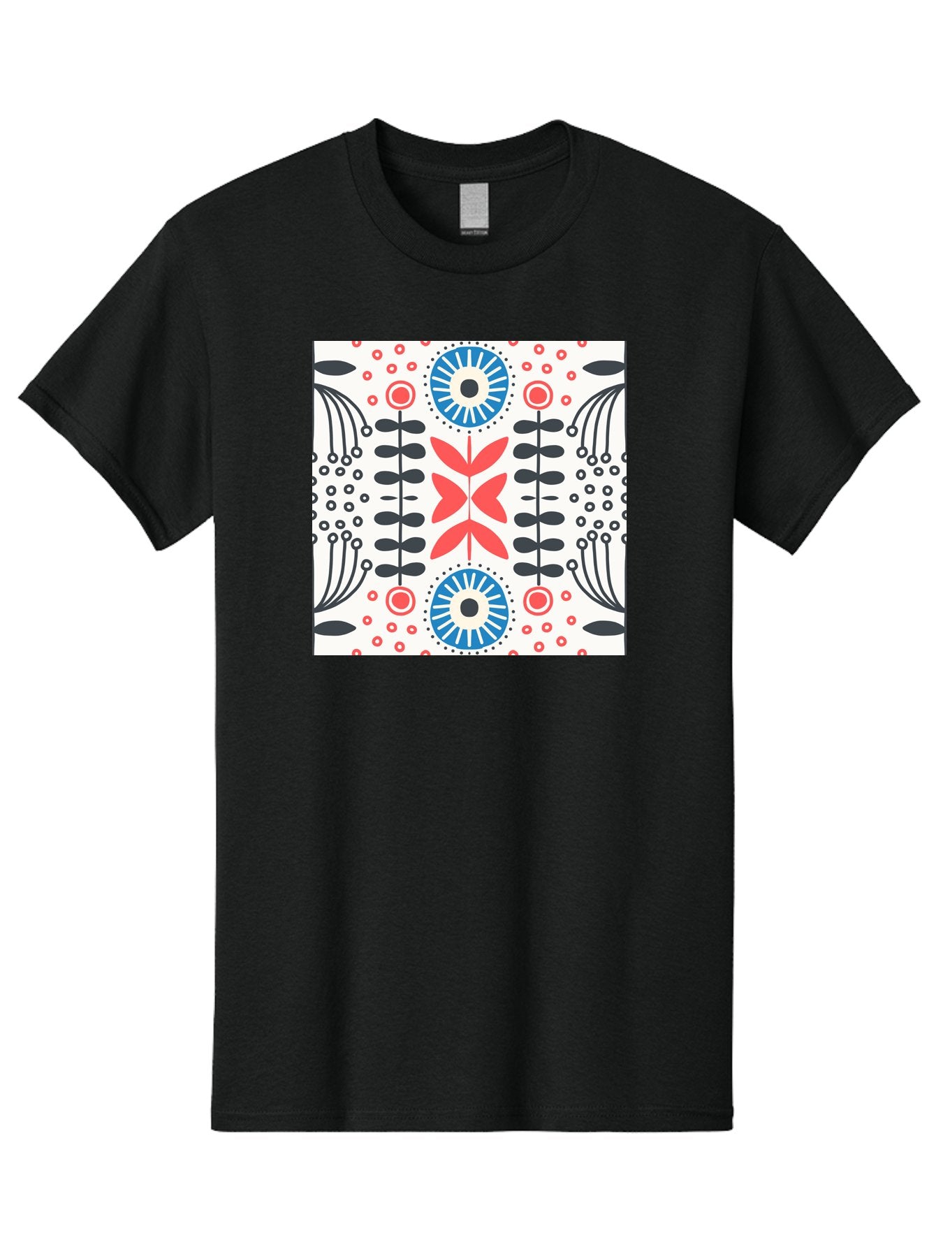 Floral-Pattern-9 Men'S Graphic Tee, 100% Cotton, Comfortable Casual Summer Wear, Machine Washable, Floral Pattern, Abstract Flowers, Geometric Shapes, Red And Blue Accents, Black Lines, White Background, Whimsical Design, Bohemian Style, Aab719 4