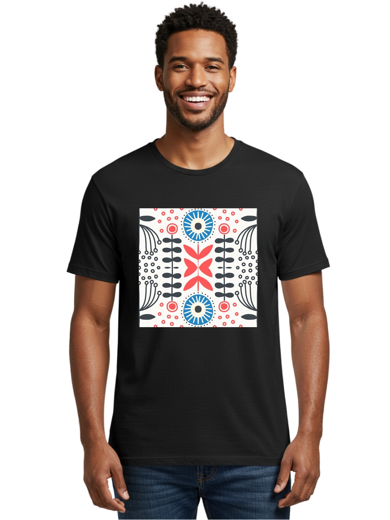 Floral-Pattern-9 Men'S Graphic Tee, 100% Cotton, Comfortable Casual Summer Wear, Machine Washable, Floral Pattern, Abstract Flowers, Geometric Shapes, Red And Blue Accents, Black Lines, White Background, Whimsical Design, Bohemian Style, Aab719 18