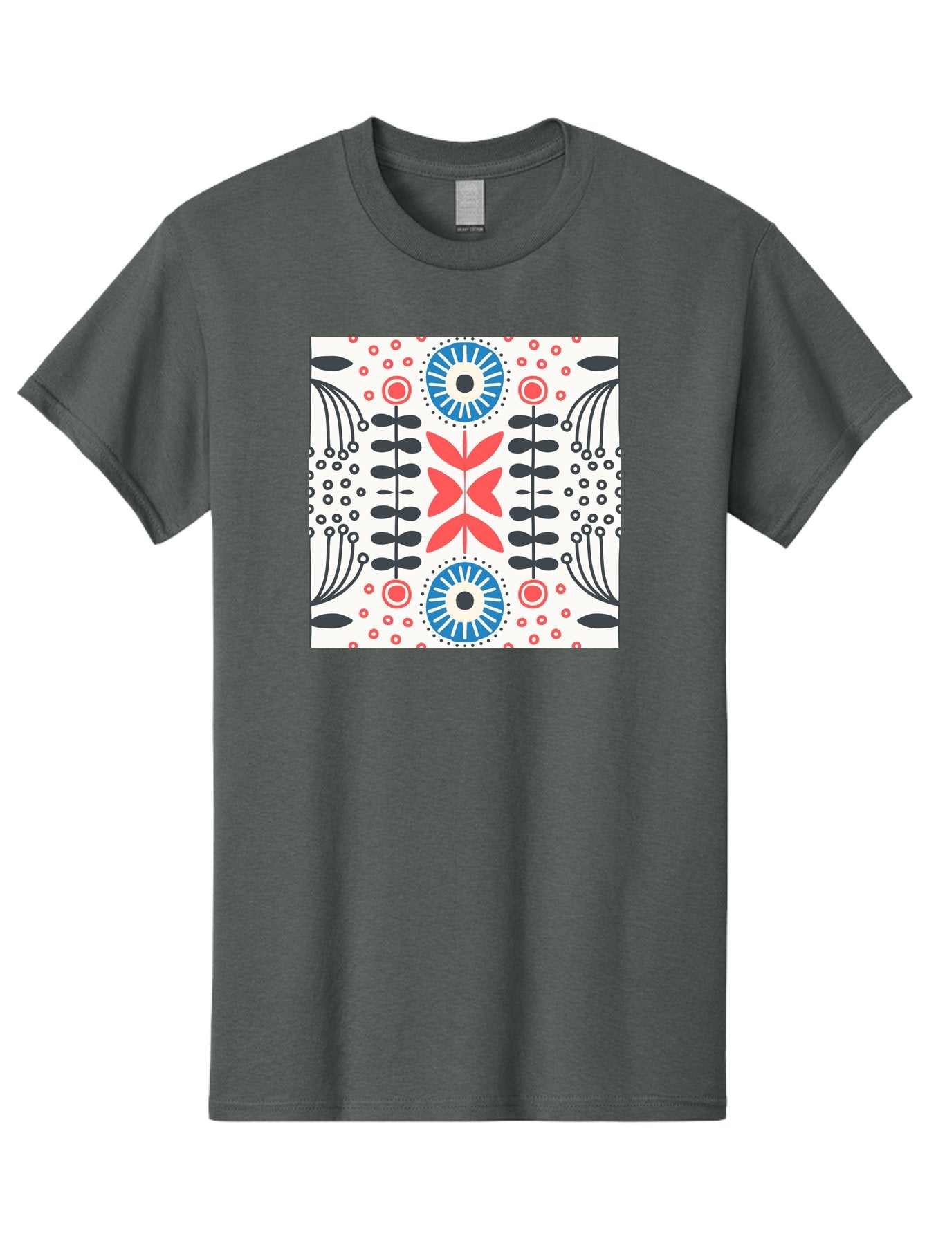 Floral-Pattern-9 Men'S Graphic Tee, 100% Cotton, Comfortable Casual Summer Wear, Machine Washable, Floral Pattern, Abstract Flowers, Geometric Shapes, Red And Blue Accents, Black Lines, White Background, Whimsical Design, Bohemian Style, Aab719 13