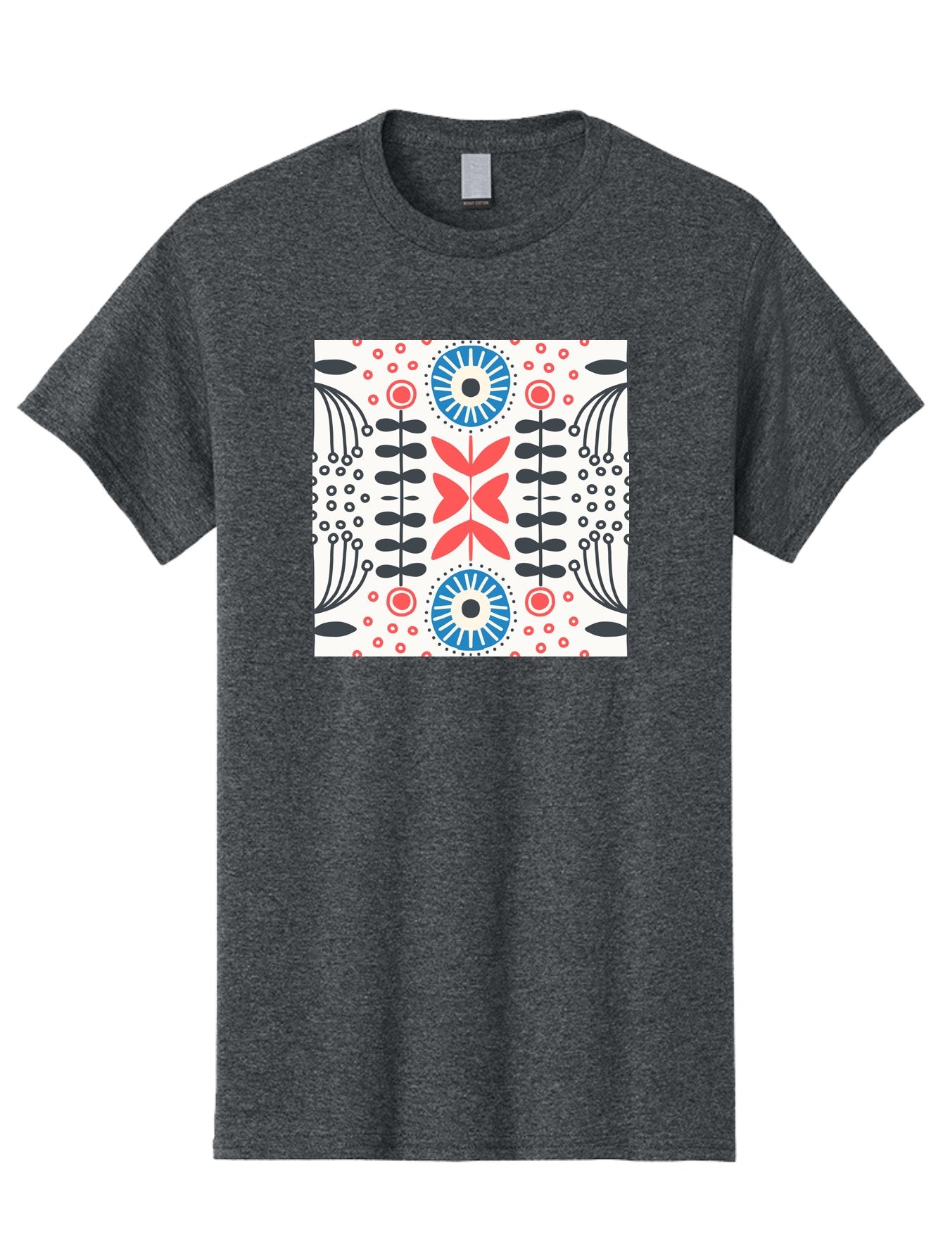 Floral-Pattern-9 Men'S Graphic Tee, 100% Cotton, Comfortable Casual Summer Wear, Machine Washable, Floral Pattern, Abstract Flowers, Geometric Shapes, Red And Blue Accents, Black Lines, White Background, Whimsical Design, Bohemian Style, Aab719 8