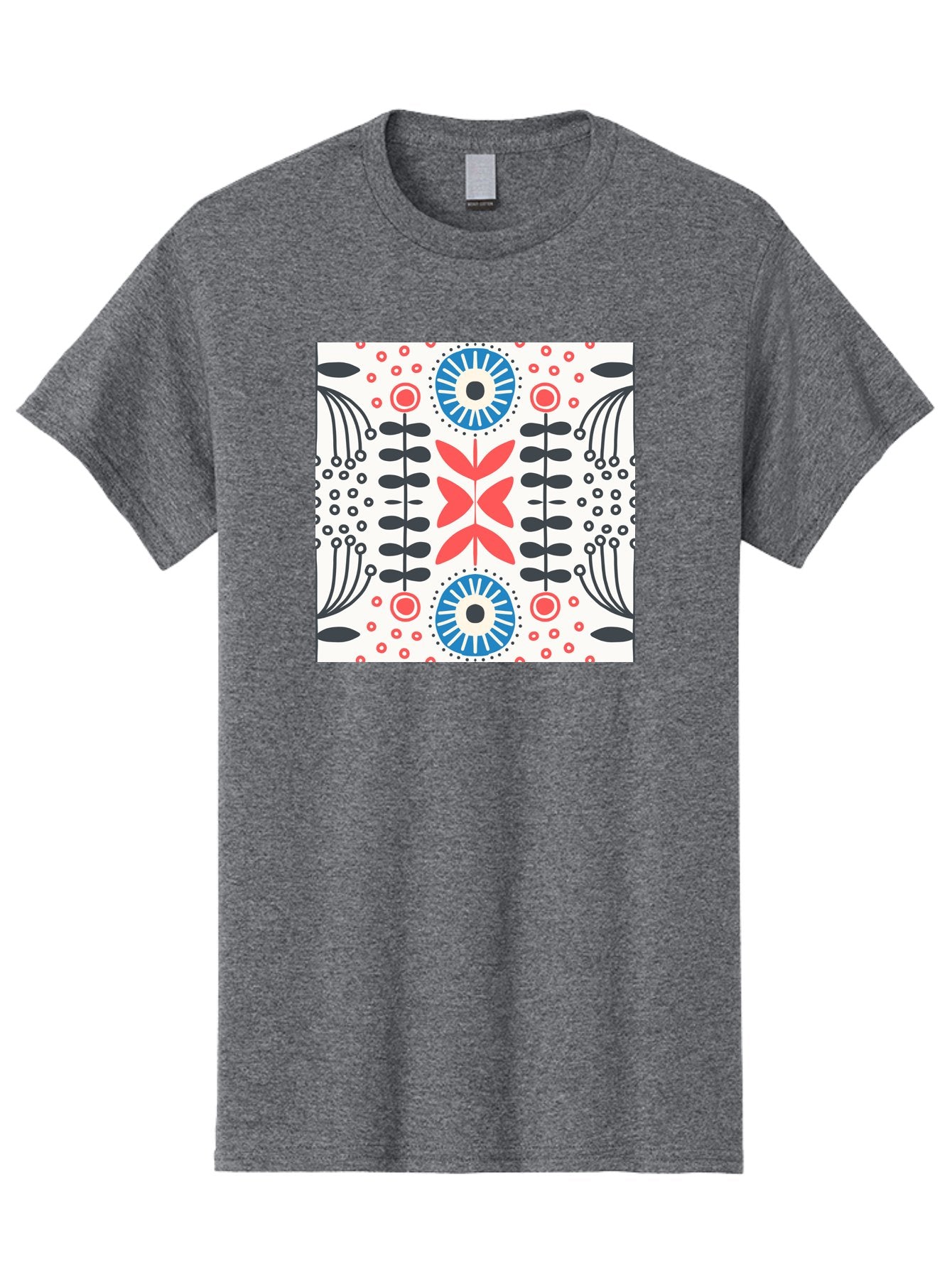 Floral-Pattern-9 Men'S Graphic Tee, 100% Cotton, Comfortable Casual Summer Wear, Machine Washable, Floral Pattern, Abstract Flowers, Geometric Shapes, Red And Blue Accents, Black Lines, White Background, Whimsical Design, Bohemian Style, Aab719 7