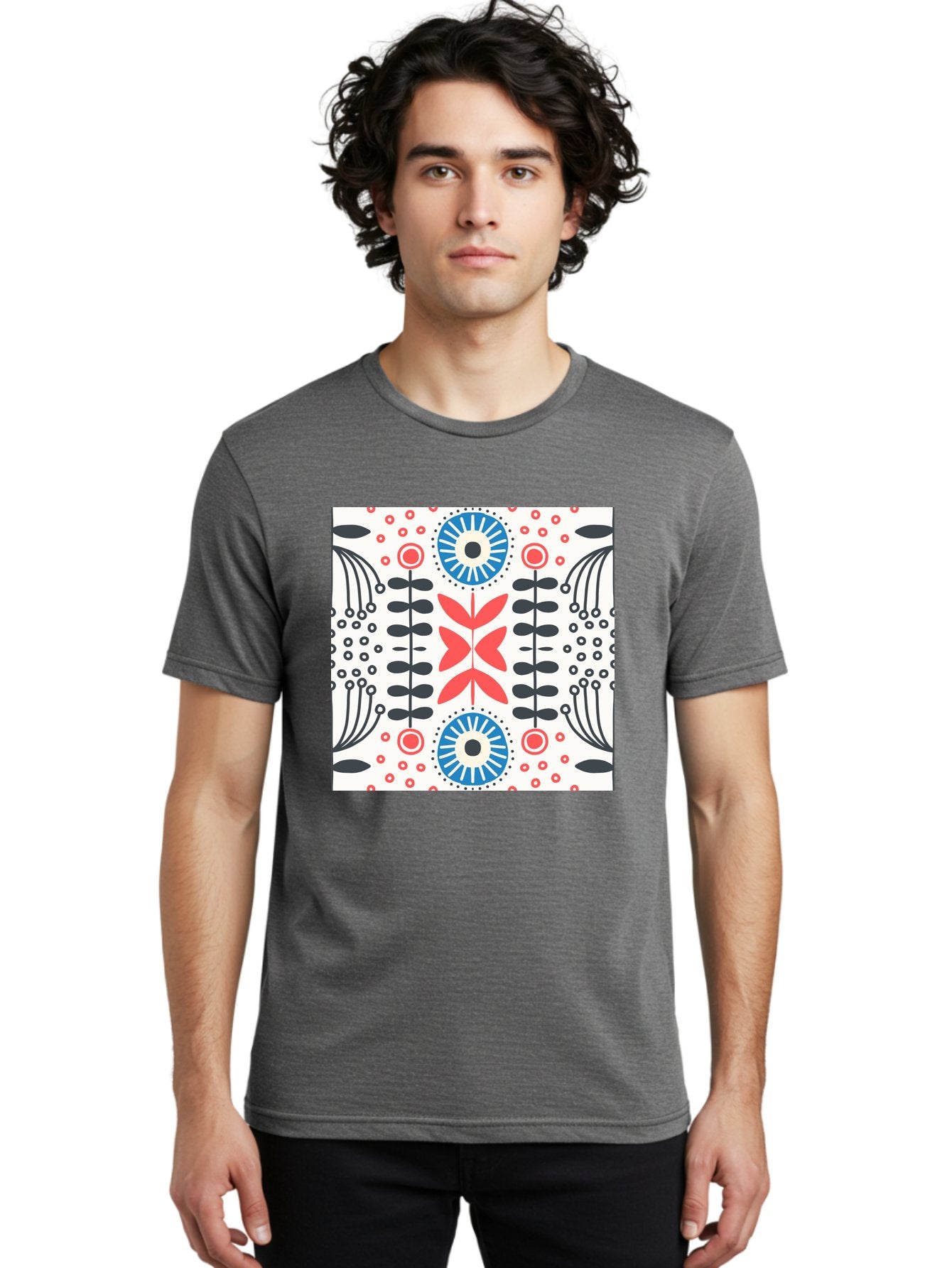 Floral-Pattern-9 Men'S Graphic Tee, 100% Cotton, Comfortable Casual Summer Wear, Machine Washable, Floral Pattern, Abstract Flowers, Geometric Shapes, Red And Blue Accents, Black Lines, White Background, Whimsical Design, Bohemian Style, Aab719 16