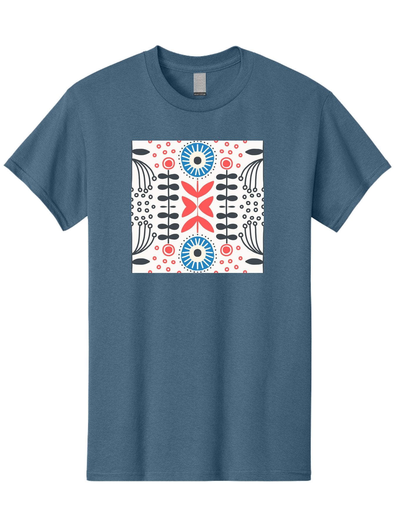 Floral-Pattern-9 Men'S Graphic Tee, 100% Cotton, Comfortable Casual Summer Wear, Machine Washable, Floral Pattern, Abstract Flowers, Geometric Shapes, Red And Blue Accents, Black Lines, White Background, Whimsical Design, Bohemian Style, Aab719