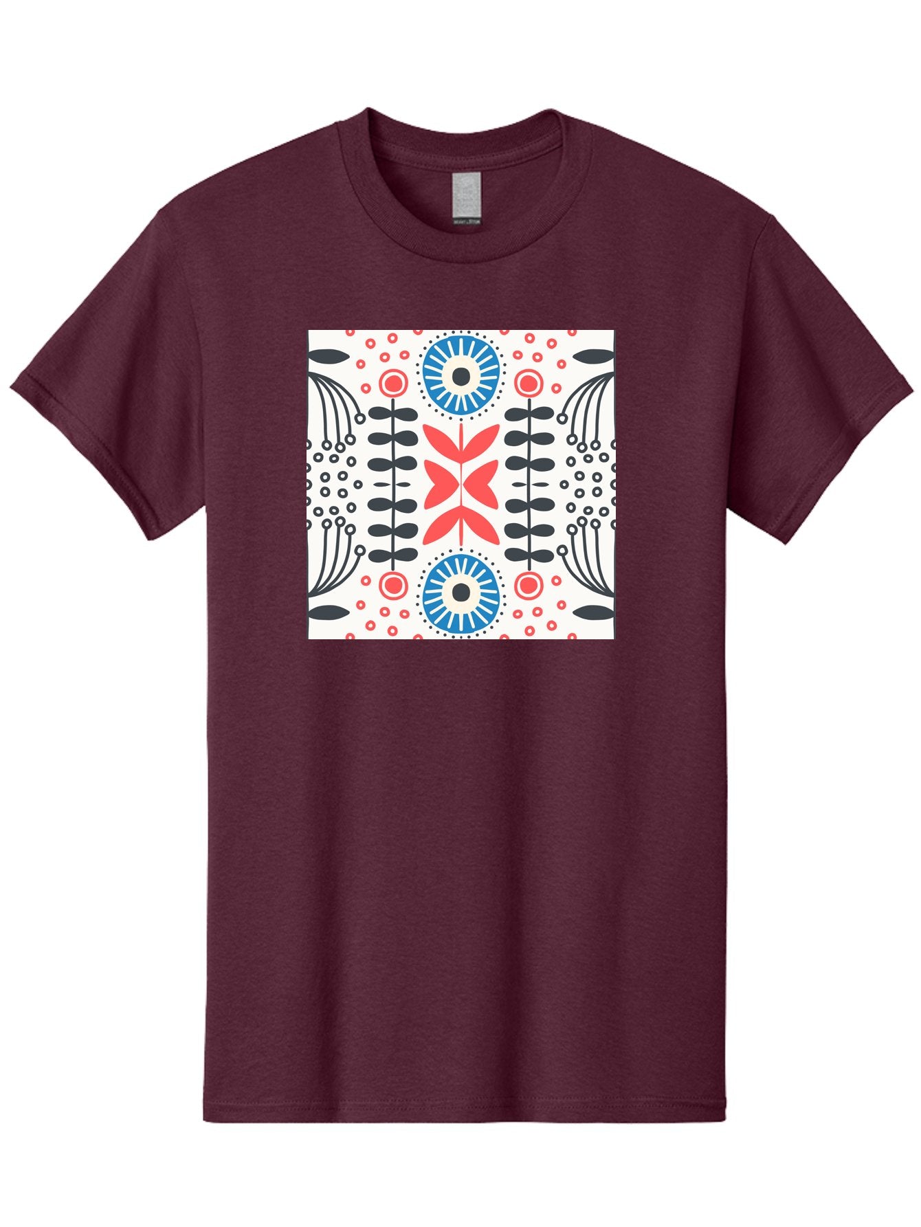 Floral-Pattern-9 Men'S Graphic Tee, 100% Cotton, Comfortable Casual Summer Wear, Machine Washable, Floral Pattern, Abstract Flowers, Geometric Shapes, Red And Blue Accents, Black Lines, White Background, Whimsical Design, Bohemian Style, Aab719 12