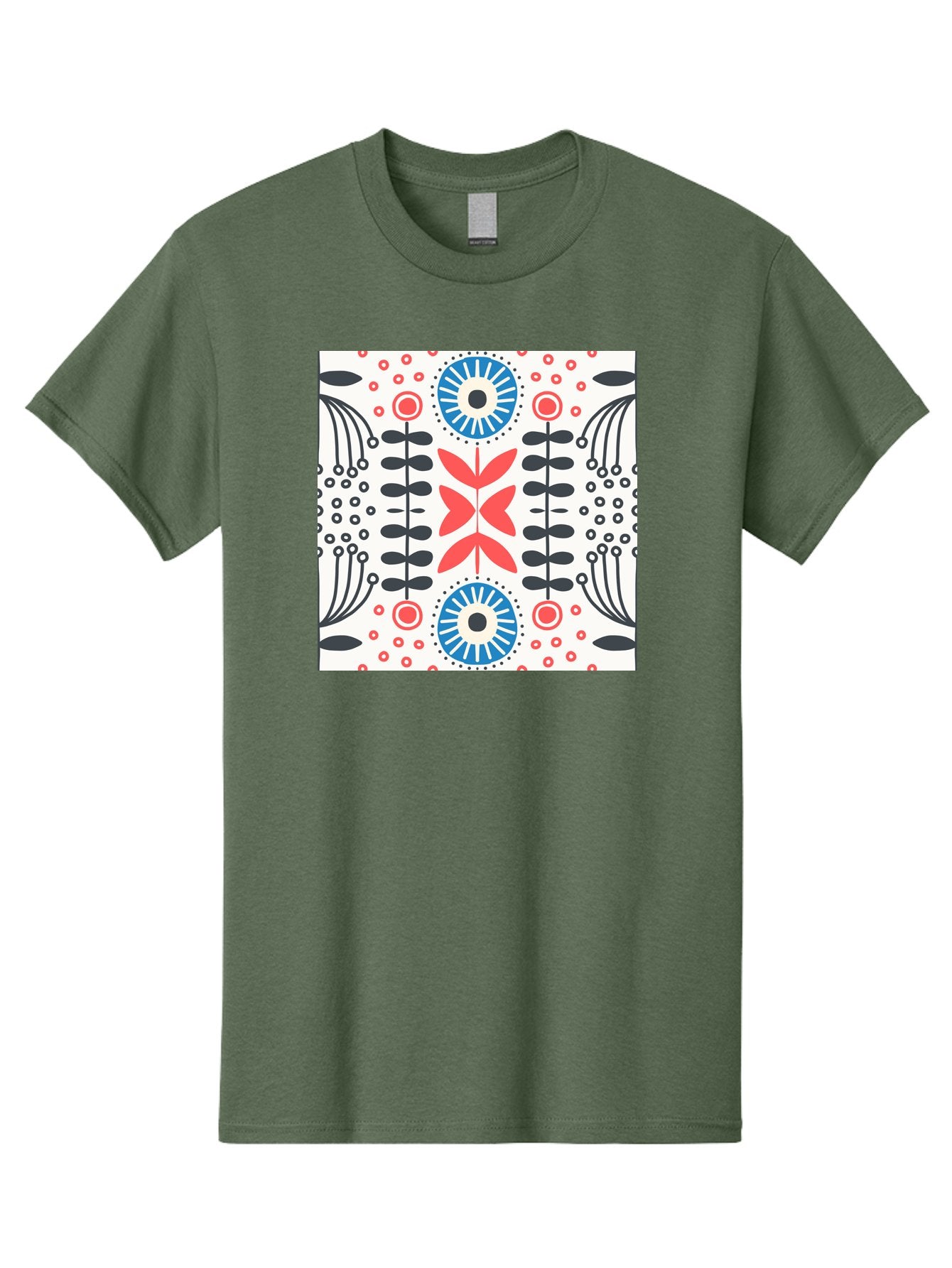 Floral-Pattern-9 Men'S Graphic Tee, 100% Cotton, Comfortable Casual Summer Wear, Machine Washable, Floral Pattern, Abstract Flowers, Geometric Shapes, Red And Blue Accents, Black Lines, White Background, Whimsical Design, Bohemian Style, Aab719 9