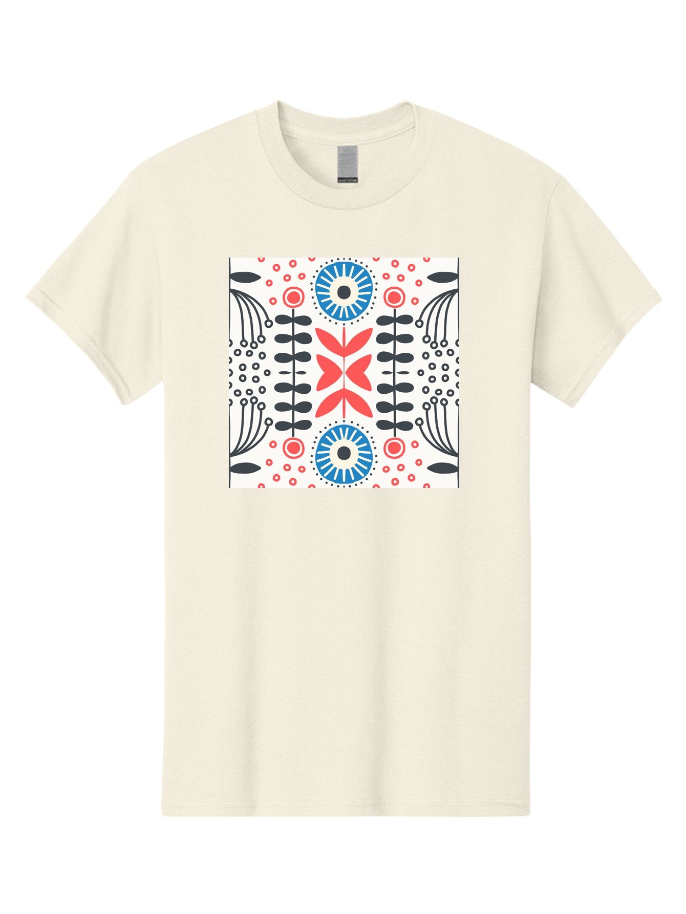 Floral-Pattern-9 Men'S Graphic Tee, 100% Cotton, Comfortable Casual Summer Wear, Machine Washable, Floral Pattern, Abstract Flowers, Geometric Shapes, Red And Blue Accents, Black Lines, White Background, Whimsical Design, Bohemian Style, Aab719 6