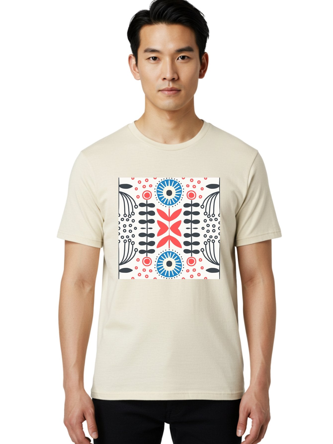 Floral-Pattern-9 Men'S Graphic Tee, 100% Cotton, Comfortable Casual Summer Wear, Machine Washable, Floral Pattern, Abstract Flowers, Geometric Shapes, Red And Blue Accents, Black Lines, White Background, Whimsical Design, Bohemian Style, Aab719 24