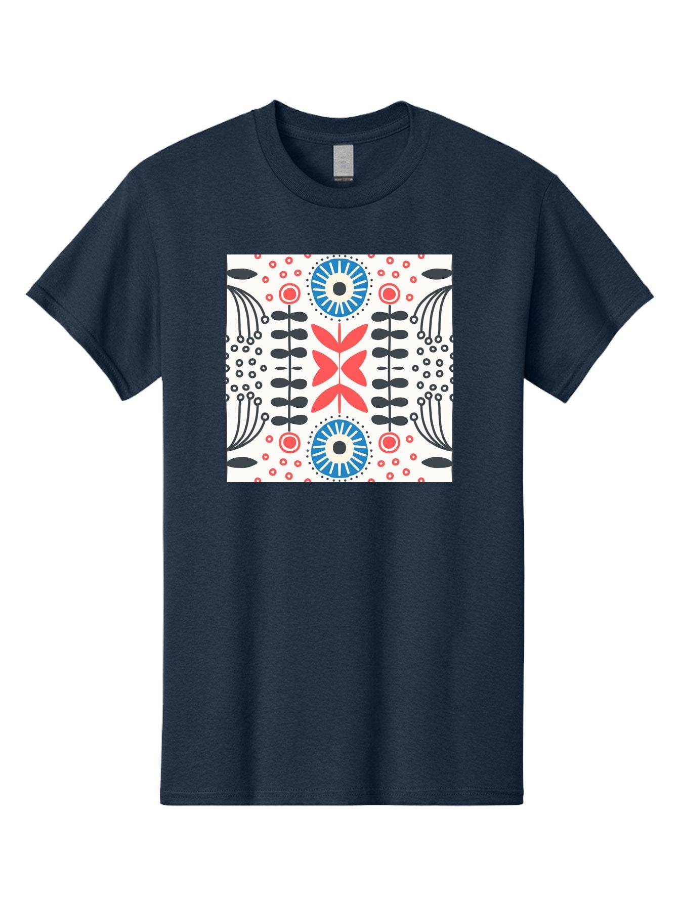 Floral-Pattern-9 Men'S Graphic Tee, 100% Cotton, Comfortable Casual Summer Wear, Machine Washable, Floral Pattern, Abstract Flowers, Geometric Shapes, Red And Blue Accents, Black Lines, White Background, Whimsical Design, Bohemian Style, Aab719 14