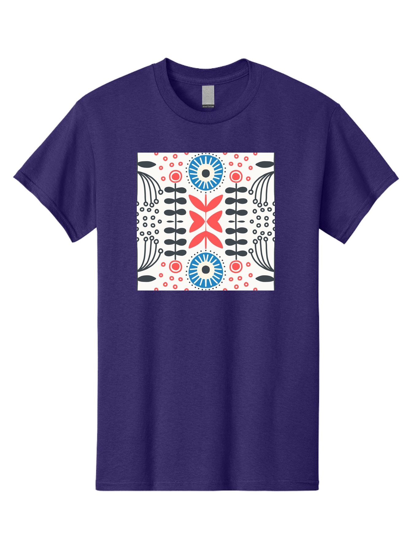 Floral-Pattern-9 Men'S Graphic Tee, 100% Cotton, Comfortable Casual Summer Wear, Machine Washable, Floral Pattern, Abstract Flowers, Geometric Shapes, Red And Blue Accents, Black Lines, White Background, Whimsical Design, Bohemian Style, Aab719 11