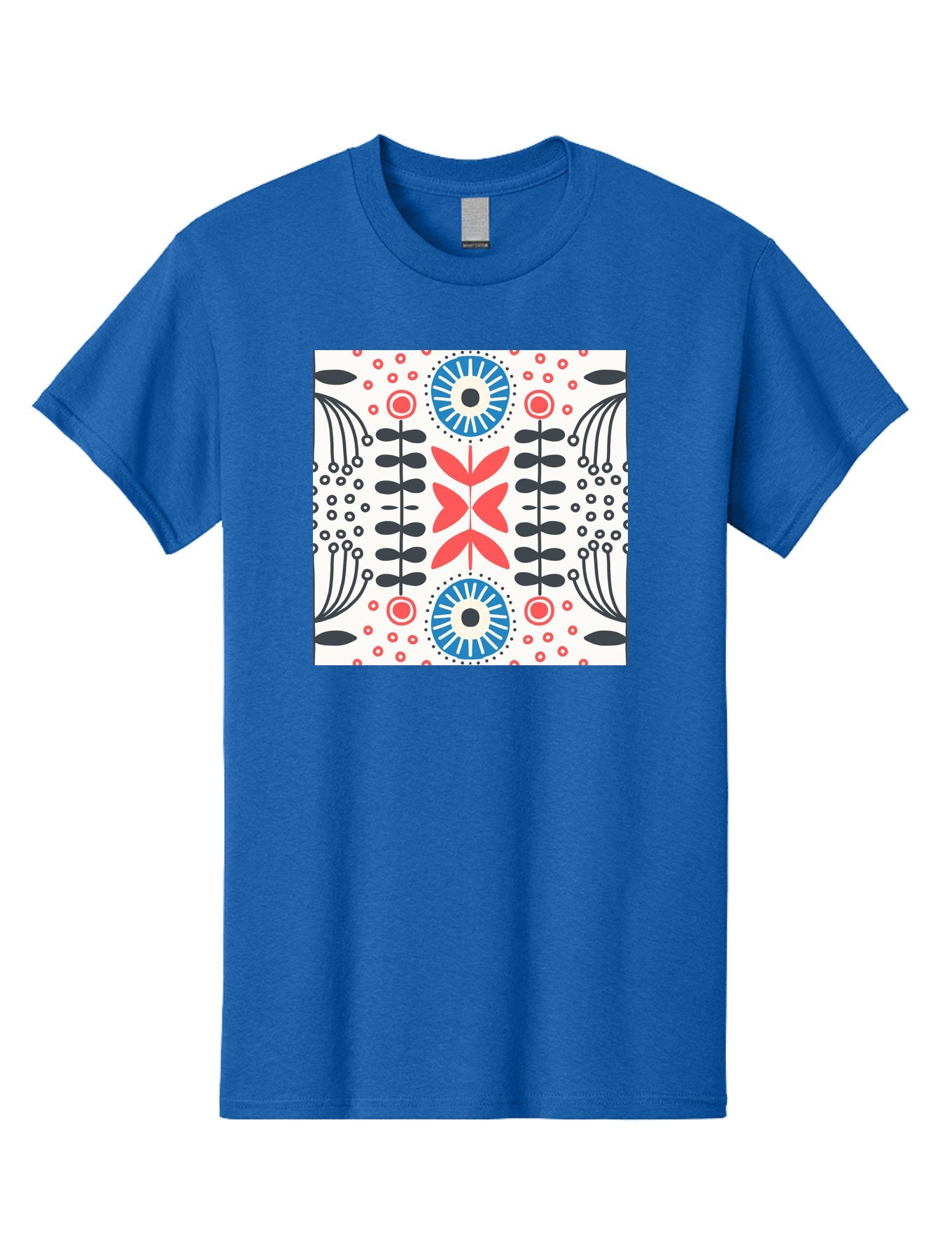 Floral-Pattern-9 Men'S Graphic Tee, 100% Cotton, Comfortable Casual Summer Wear, Machine Washable, Floral Pattern, Abstract Flowers, Geometric Shapes, Red And Blue Accents, Black Lines, White Background, Whimsical Design, Bohemian Style, Aab719 15