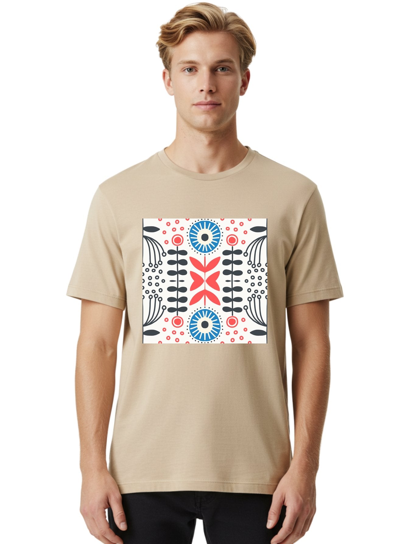 Floral-Pattern-9 Men'S Graphic Tee, 100% Cotton, Comfortable Casual Summer Wear, Machine Washable, Floral Pattern, Abstract Flowers, Geometric Shapes, Red And Blue Accents, Black Lines, White Background, Whimsical Design, Bohemian Style, Aab719 21
