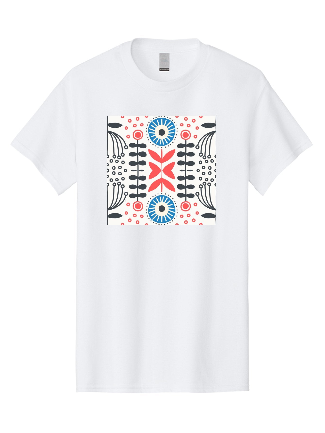 Floral-Pattern-9 Men'S Graphic Tee, 100% Cotton, Comfortable Casual Summer Wear, Machine Washable, Floral Pattern, Abstract Flowers, Geometric Shapes, Red And Blue Accents, Black Lines, White Background, Whimsical Design, Bohemian Style, Aab719 10