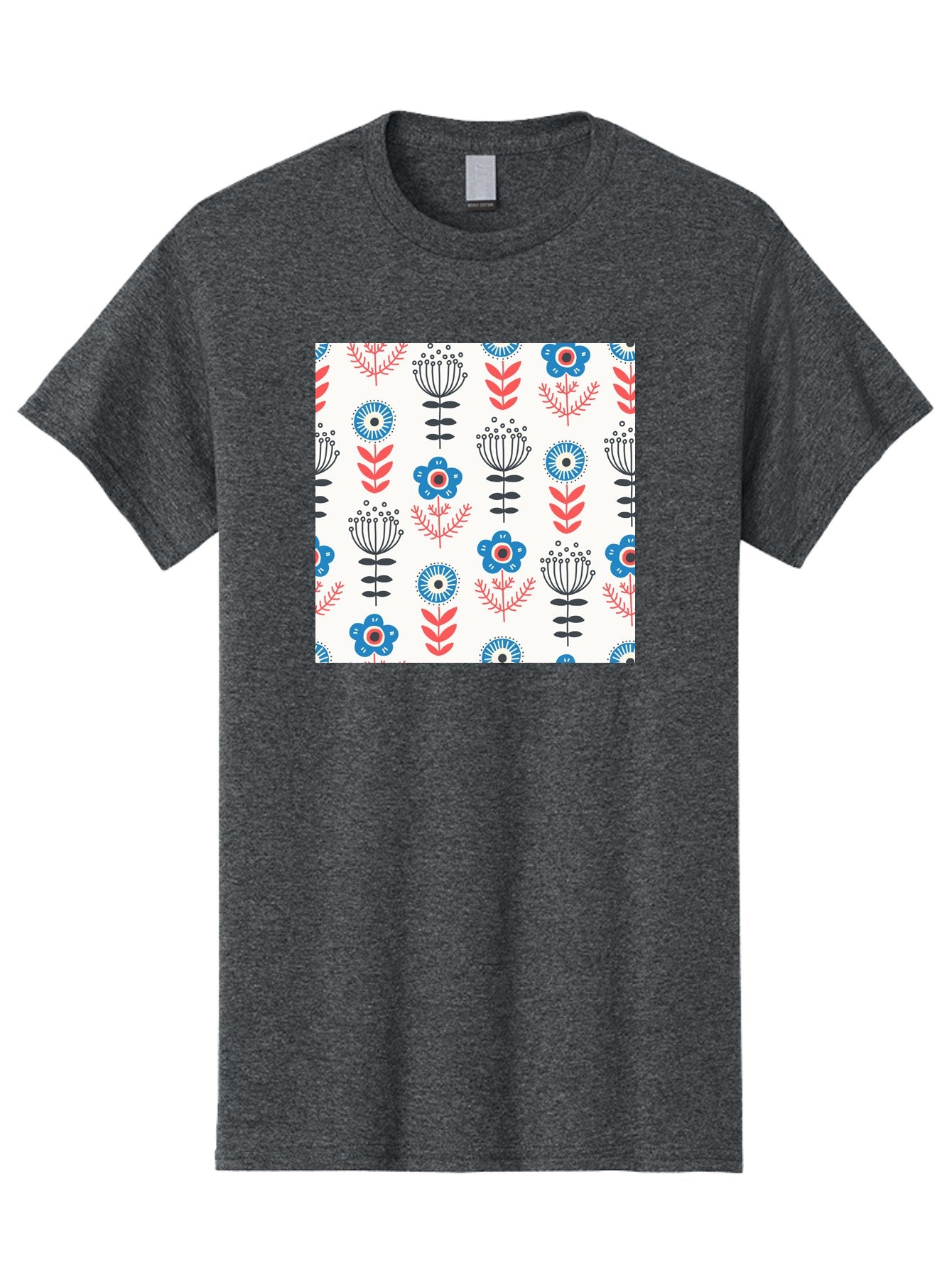 Floral-Pattern Men'S Graphic Tee, 100% Cotton, Comfortable Casual Summer Wear, Machine Washable, Floral Pattern, Blue Flowers, Red Leaves, Black Stems, Folk Art Style, Botanical Design, Vintage Inspiration, Abstract Flowers, Aab720 11