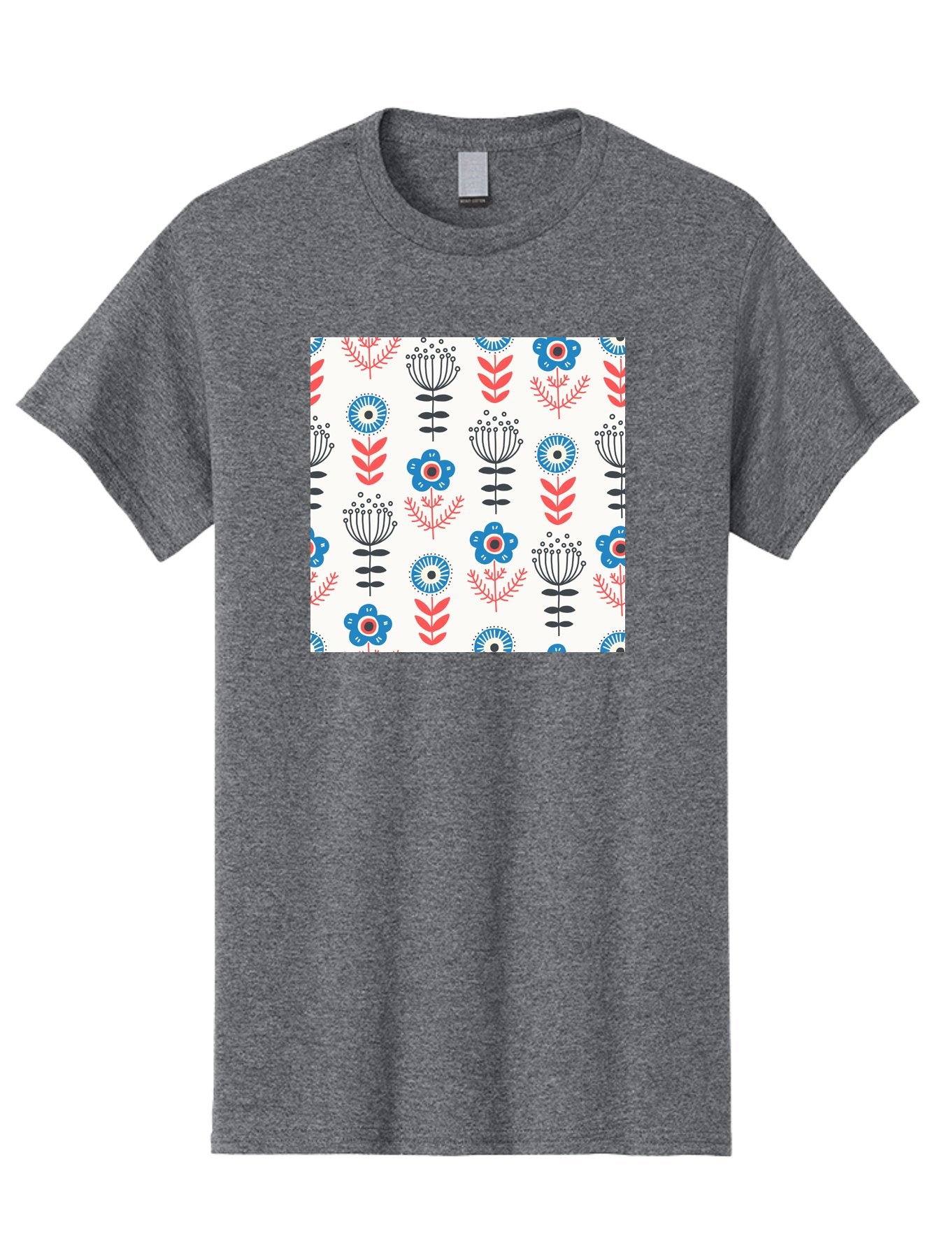 Floral-Pattern Men'S Graphic Tee, 100% Cotton, Comfortable Casual Summer Wear, Machine Washable, Floral Pattern, Blue Flowers, Red Leaves, Black Stems, Folk Art Style, Botanical Design, Vintage Inspiration, Abstract Flowers, Aab720 12