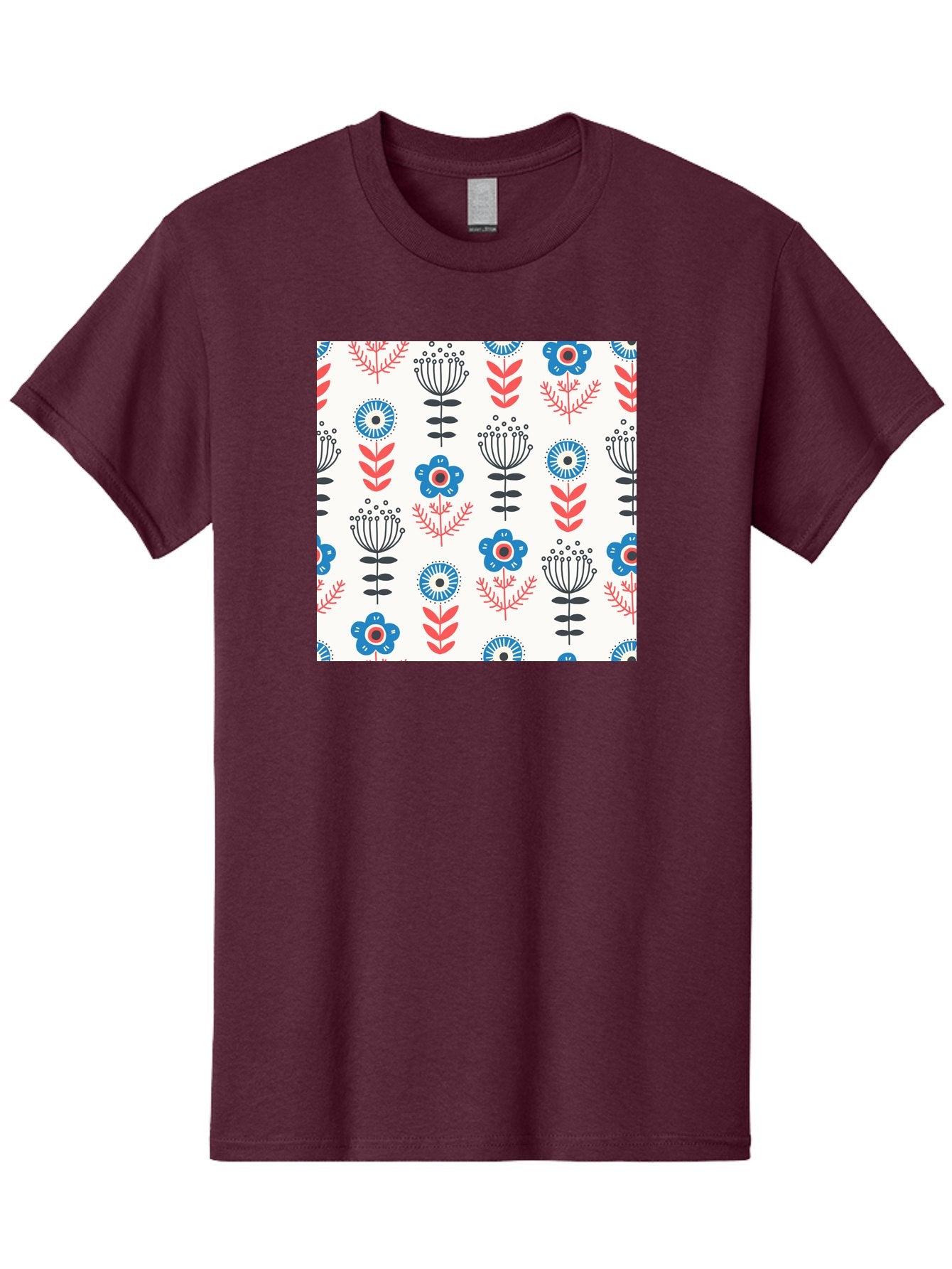 Floral-Pattern Men'S Graphic Tee, 100% Cotton, Comfortable Casual Summer Wear, Machine Washable, Floral Pattern, Blue Flowers, Red Leaves, Black Stems, Folk Art Style, Botanical Design, Vintage Inspiration, Abstract Flowers, Aab720