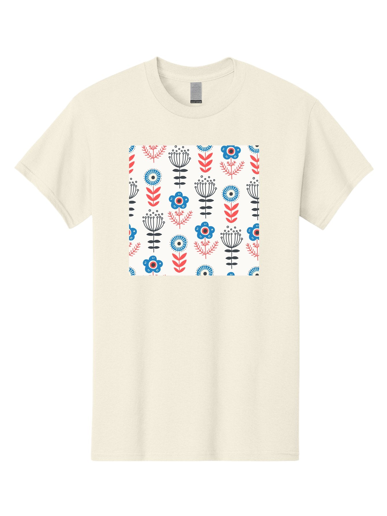 Floral-Pattern Men'S Graphic Tee, 100% Cotton, Comfortable Casual Summer Wear, Machine Washable, Floral Pattern, Blue Flowers, Red Leaves, Black Stems, Folk Art Style, Botanical Design, Vintage Inspiration, Abstract Flowers, Aab720 15