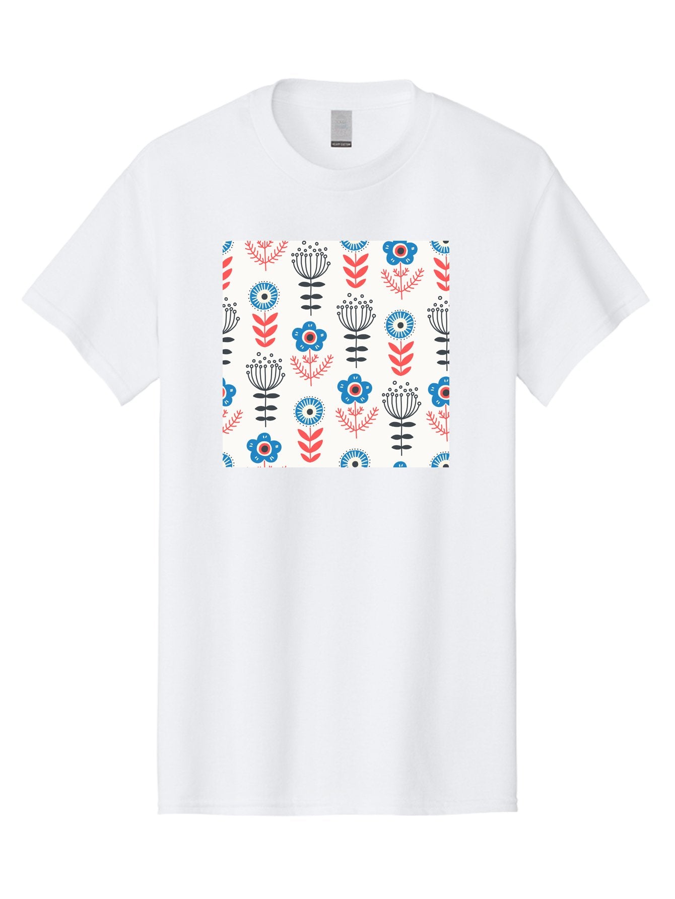 Floral-Pattern Men'S Graphic Tee, 100% Cotton, Comfortable Casual Summer Wear, Machine Washable, Floral Pattern, Blue Flowers, Red Leaves, Black Stems, Folk Art Style, Botanical Design, Vintage Inspiration, Abstract Flowers, Aab720 9