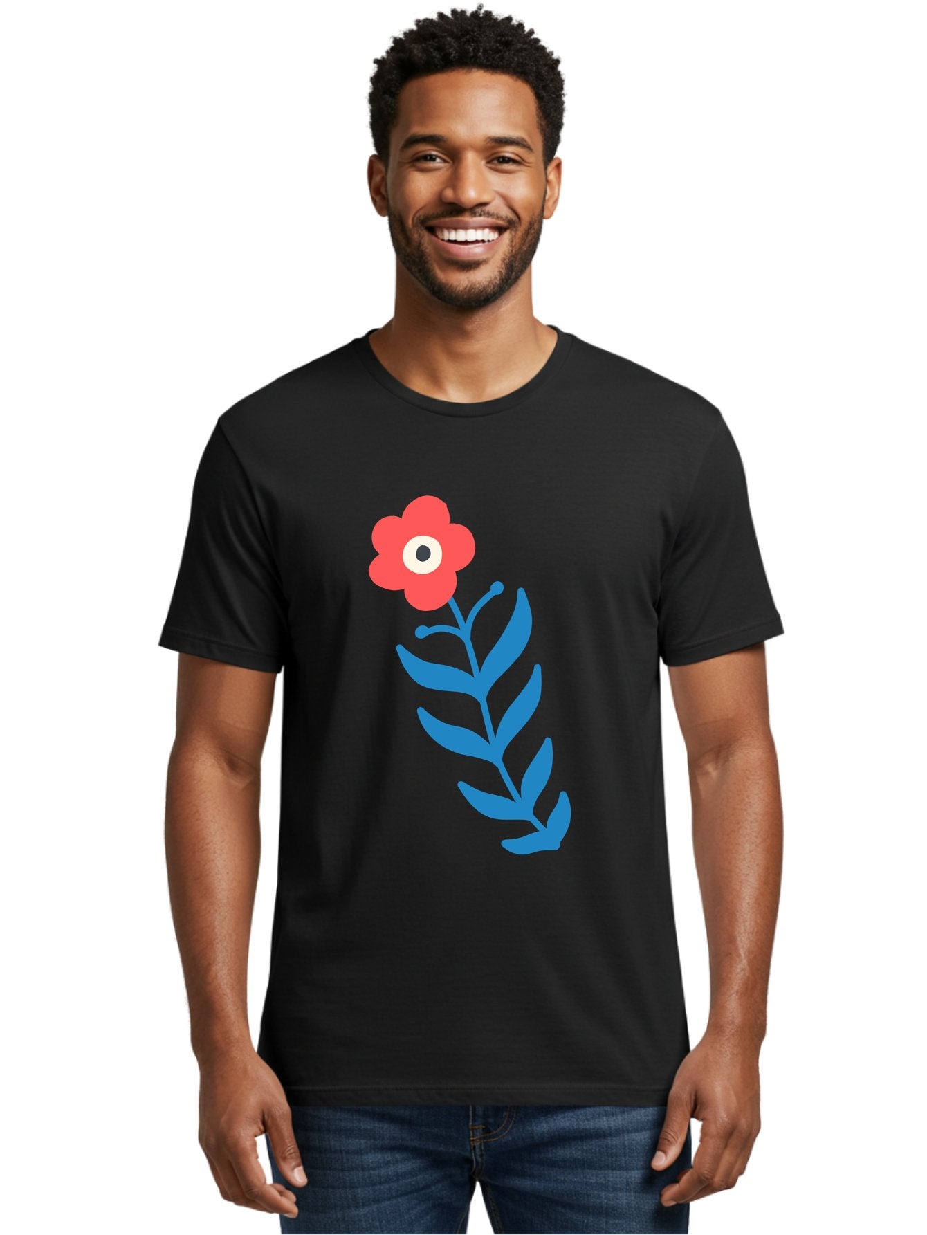 Flower-1 Men'S Graphic Tee, 100% Cotton, Comfortable Casual Summer Wear, Machine Washable, Pink Flower With Eye, Surreal Art, Abstract Design, Vibrant Petals, Blue Leaves, Minimalist Style, Quirky Illustration, Contemporary Artistry Aab721 18
