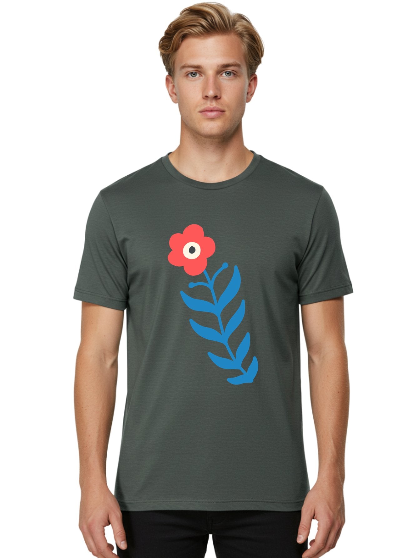 Flower-1 Men'S Graphic Tee, 100% Cotton, Comfortable Casual Summer Wear, Machine Washable, Pink Flower With Eye, Surreal Art, Abstract Design, Vibrant Petals, Blue Leaves, Minimalist Style, Quirky Illustration, Contemporary Artistry Aab721 26