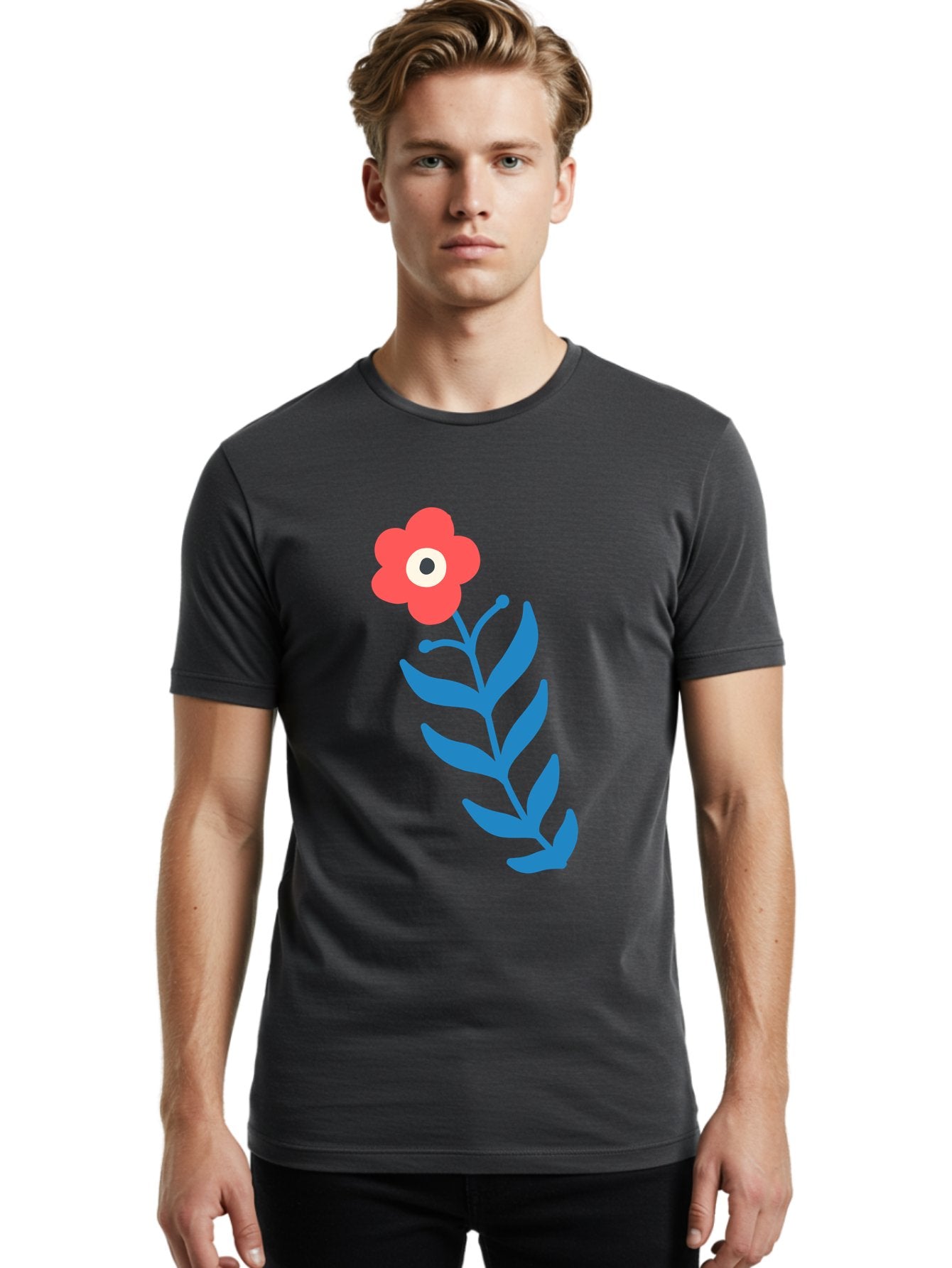 Flower-1 Men'S Graphic Tee, 100% Cotton, Comfortable Casual Summer Wear, Machine Washable, Pink Flower With Eye, Surreal Art, Abstract Design, Vibrant Petals, Blue Leaves, Minimalist Style, Quirky Illustration, Contemporary Artistry Aab721 27